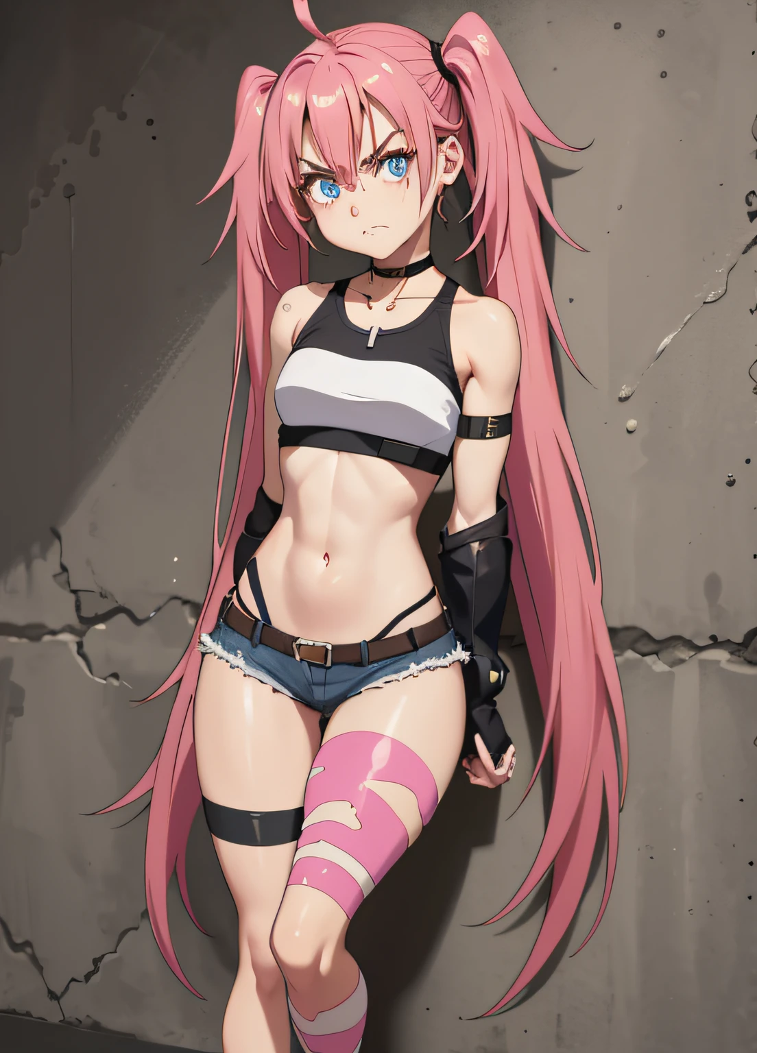 masterpiece, best quality, 1girl, solo, crop top, denim shorts, choker, (graphite: 1.5), paint splashes, arms behind back, against wall, looking at viewer, armband, body paint , head tilt, ((angry)), long pink hair, pigtails, blue eyes, thick and muscular thighs, muscular belly, barefoot, medium breasts, full body photo