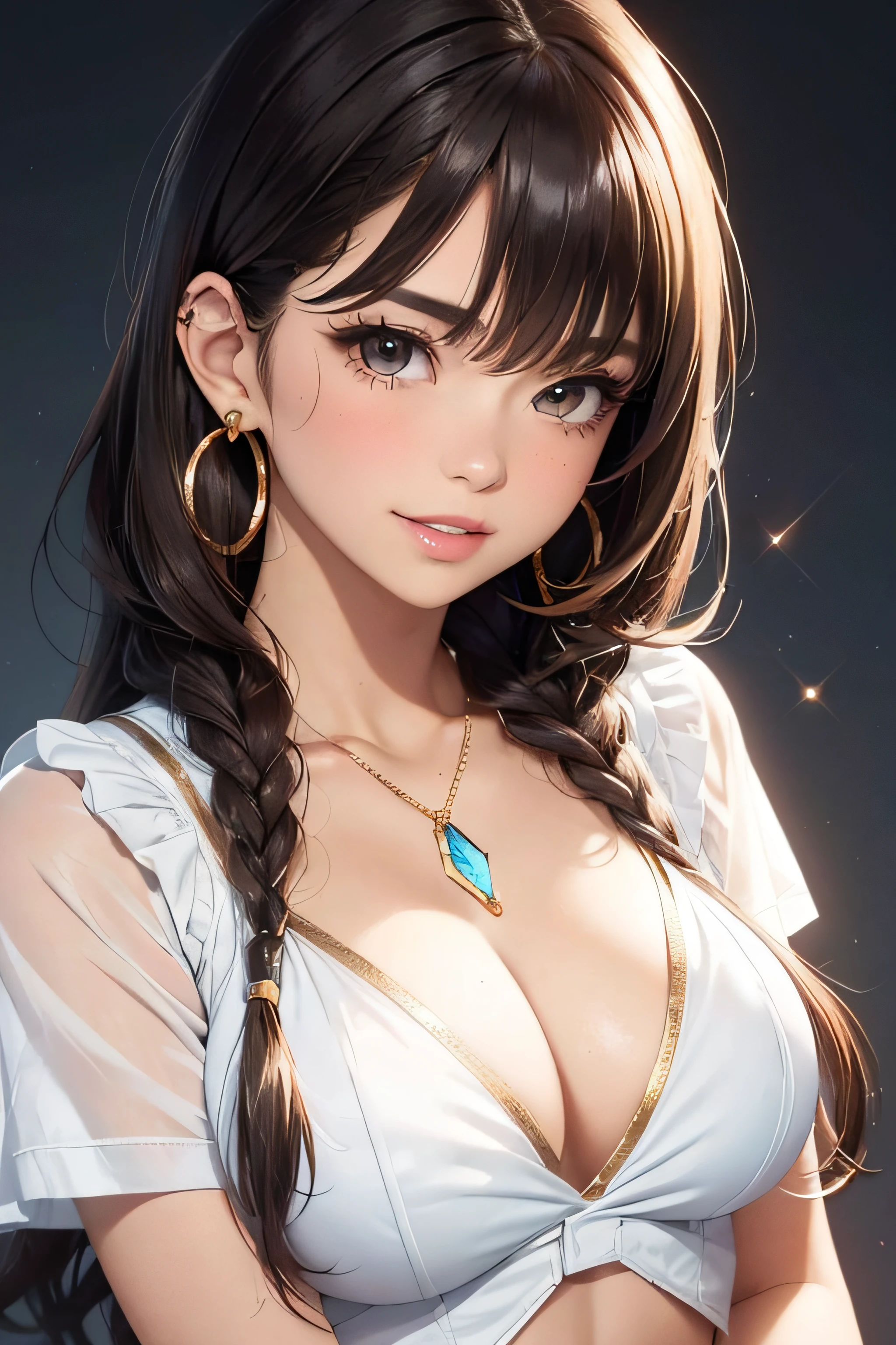 (One upper body photo), Beatiful face, Highly detailed face and skin texture, (Detailed eyes), Brown eyes, Double eyelids, Fine eyebrows, Glitter eyeliner: 1.2, Natural cheeks, Glowing skin, Fair skin, (((with schoolgirl costume))), Glitter necklace and earrings, (Glossy lips: 1. 4), (Seductive smile), (20 years old), (Wavy hair, Diagonal bangs), Medium long hair, ((Upper body shot)), ((Focus on chest and face)), Medium large breasts, Upturned Breasts.