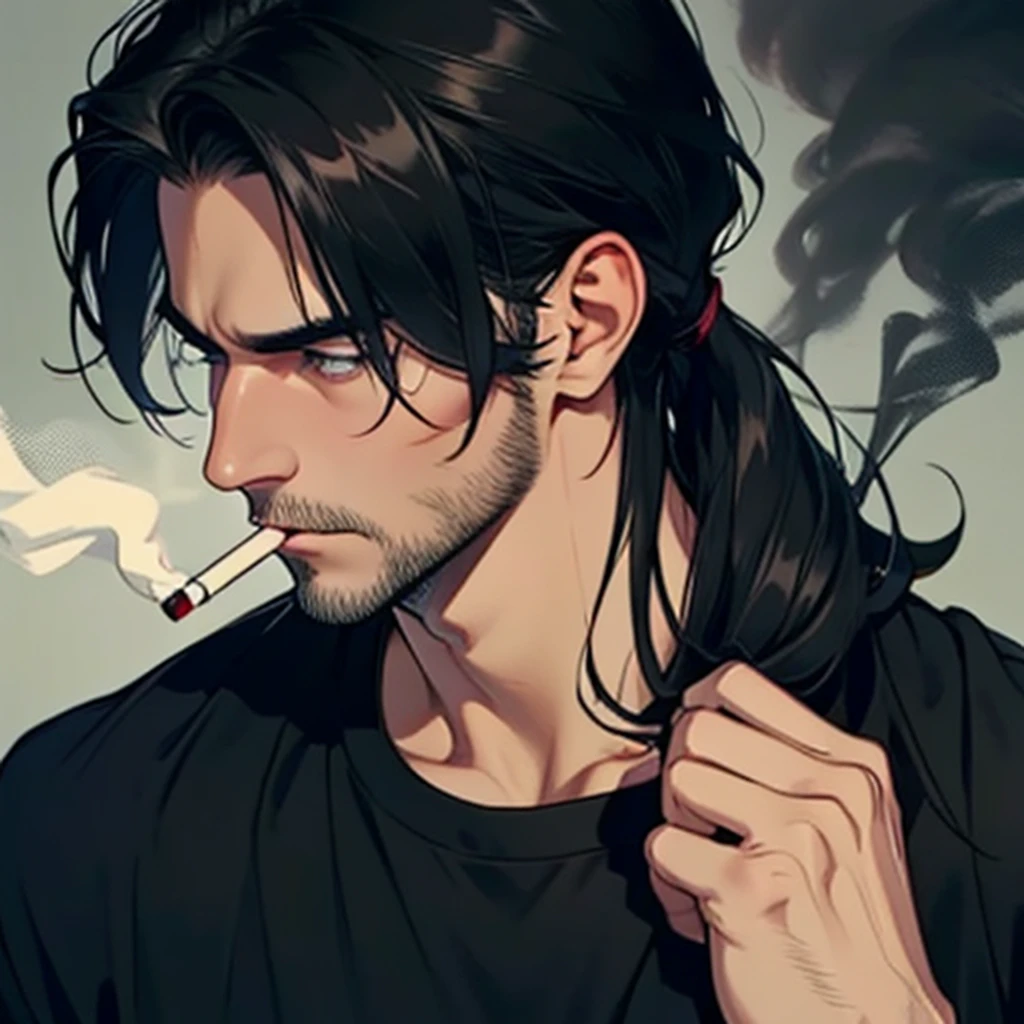 adult male, close up, facing away from camera, handsome, looking away from camera, stubble, smoking a cigarette, long black hair, hair over one eye, bags under his eyes, black t-shirt, black clothes, depressed, tired, ikemen