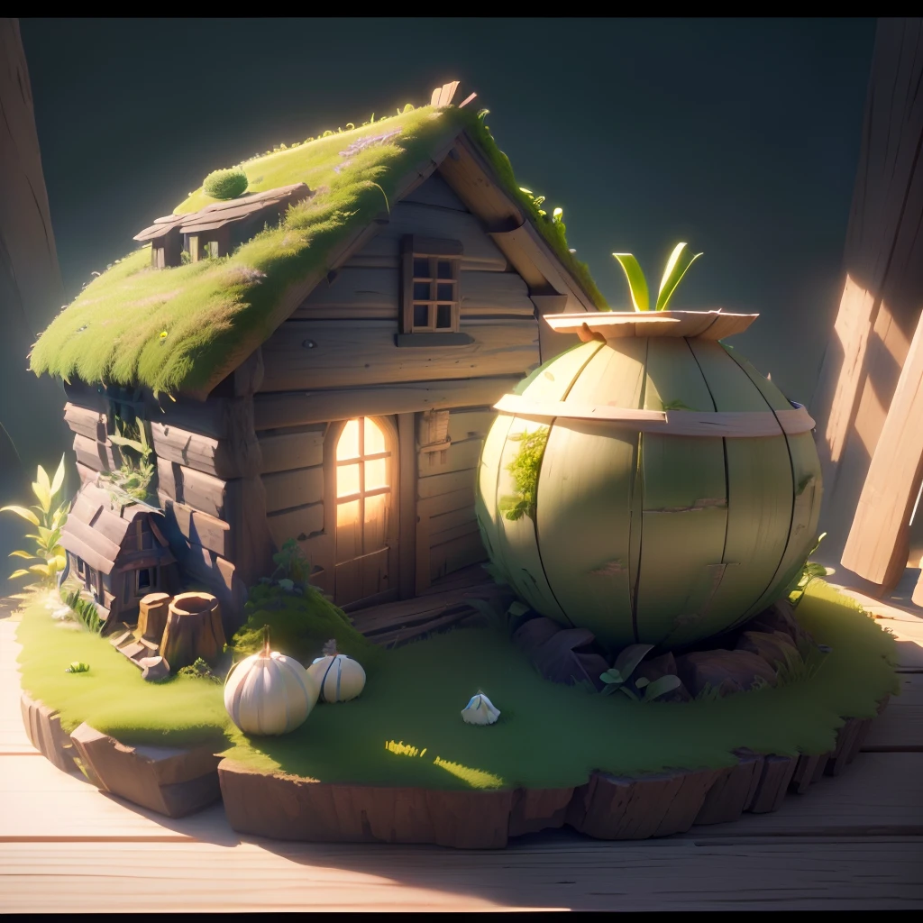 Masterpiece, Best quality, (Extremely detailed Cg Unity 8K wallpaper), (Best quality), (Best Illustration), (Best shadow), A round turnip hut covered with moss,Isometric 3D, rendering by octane,Ray tracing,Ultra detailed