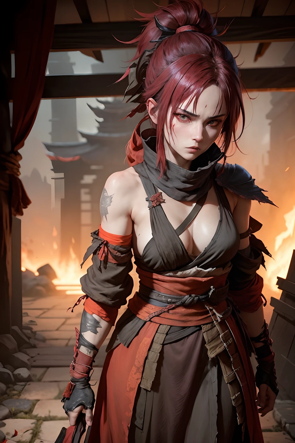 the player character from sekiro: shadows die twice as a shura demon except gender-swapped to be a woman. she is wearing a tattered loose-fitting tunic of red and black, messy shaggy hair tied loosely, and a ragged cloth over one of her eye. she looks like a killer, and her expression is blank