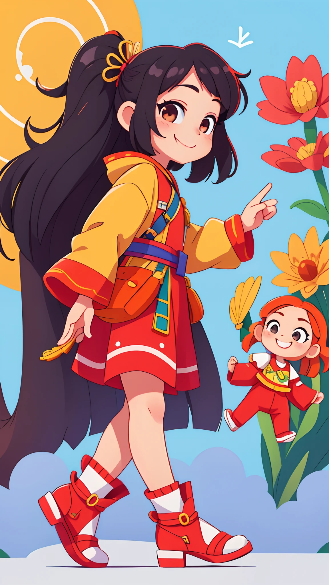 girl with、Put your hand to your mouth and smile、full body Esbian、Distinctive ethnic hair ornaments、Characteristic ethnic shoes、Taken from the side