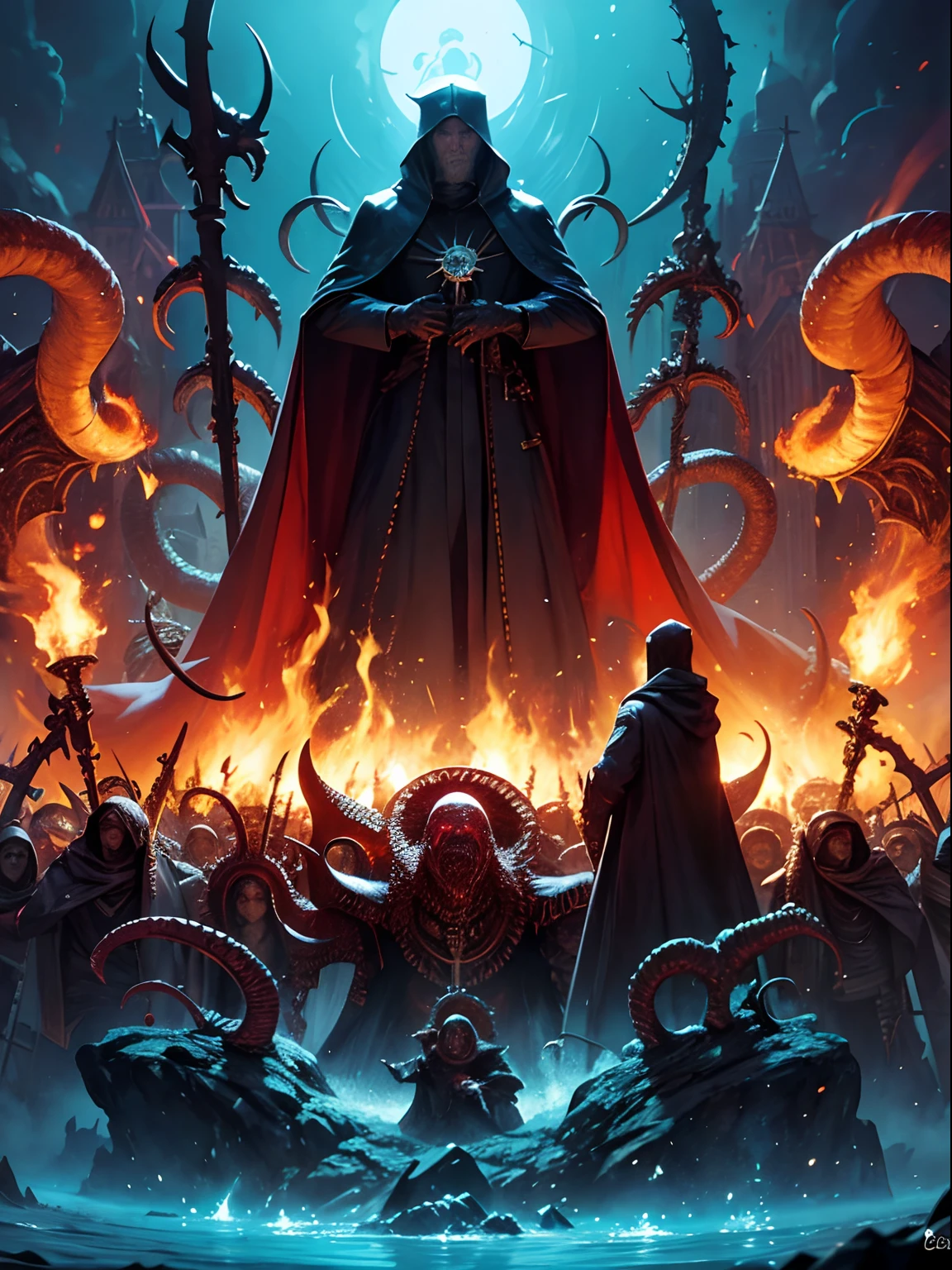 wide-shot, action, Epic Composition, photo of The most high (CthuluBishop:1) of the lovecraftian order of Cthulu