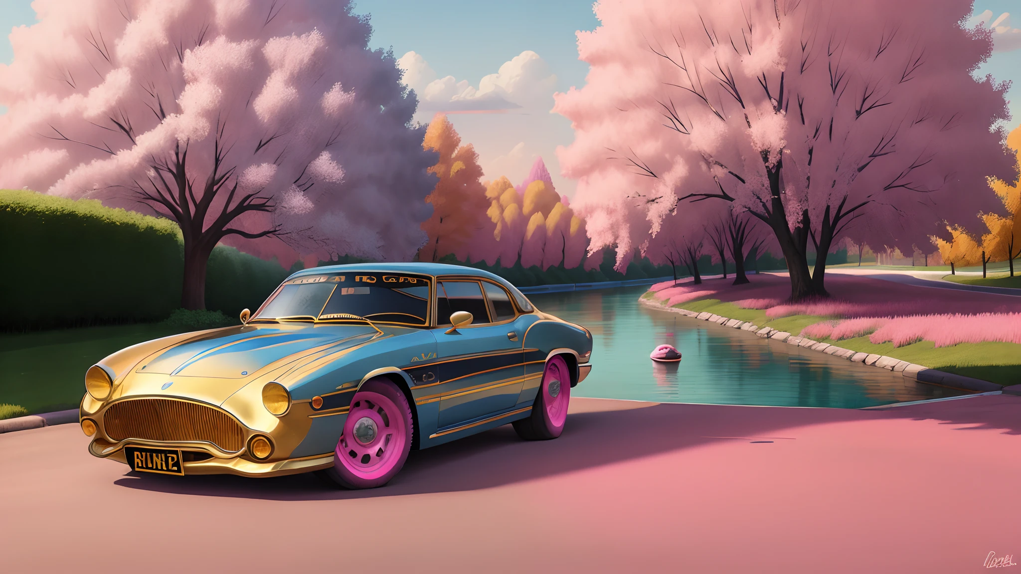 blue and gold car , in river side, pink trees in background