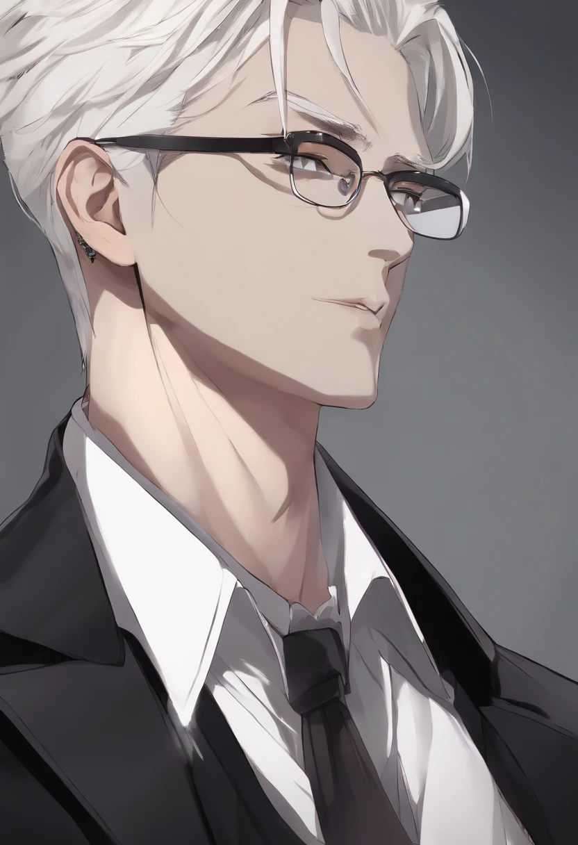 Decim (Death Parade), 1 man, 35-year-old,(black bristle), man wearing glasses, closeup face, profile picture,dresses in a formal and restrained style, a black jacket,white shirt, a professional look,white-ash hair, silver color, tired look,