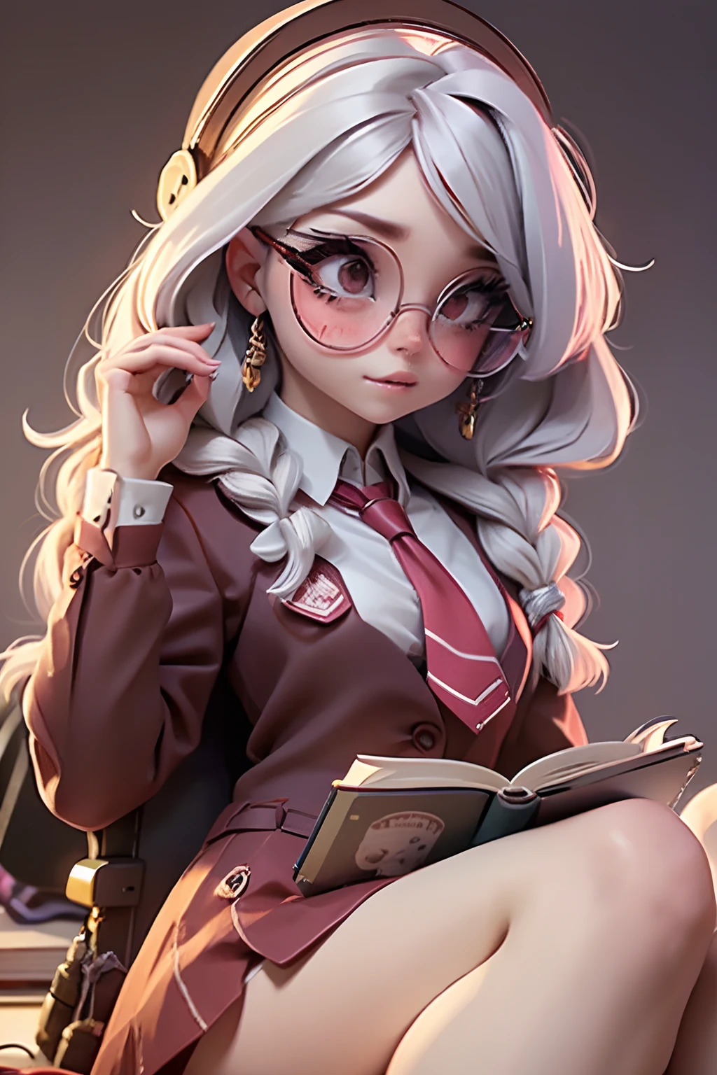 Lolli girl, braid messy hair, school, maroon necktie, glasses, reading books, library background, white hair, cute badgirl, baddie, wearing cool maroon headset