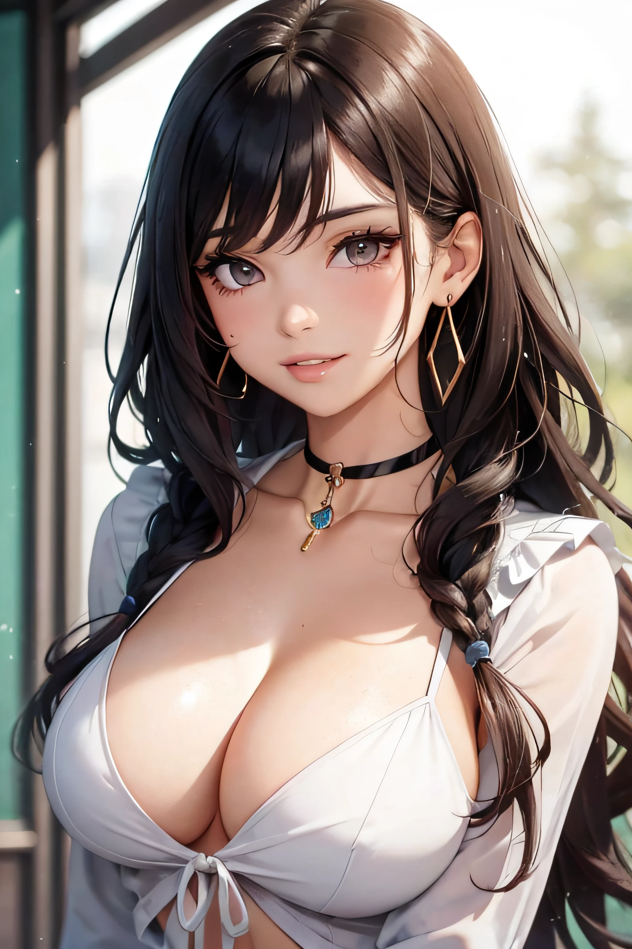 (One upper body photo), Beatiful face, Highly detailed face and skin texture, (Detailed eyes), Brown eyes, Double eyelids, Fine eyebrows, Glitter eyeliner: 1.2, Natural cheeks, Glowing skin, Fair skin, (((with schoolgirl costume))), Glitter necklace and earrings, (Glossy lips: 1. 4), (Seductive smile), (20 years old), (Wavy hair, Diagonal bangs), Medium long hair, ((Upper body shot)), ((Focus on chest and face)), Medium large breasts, Upturned Breasts.