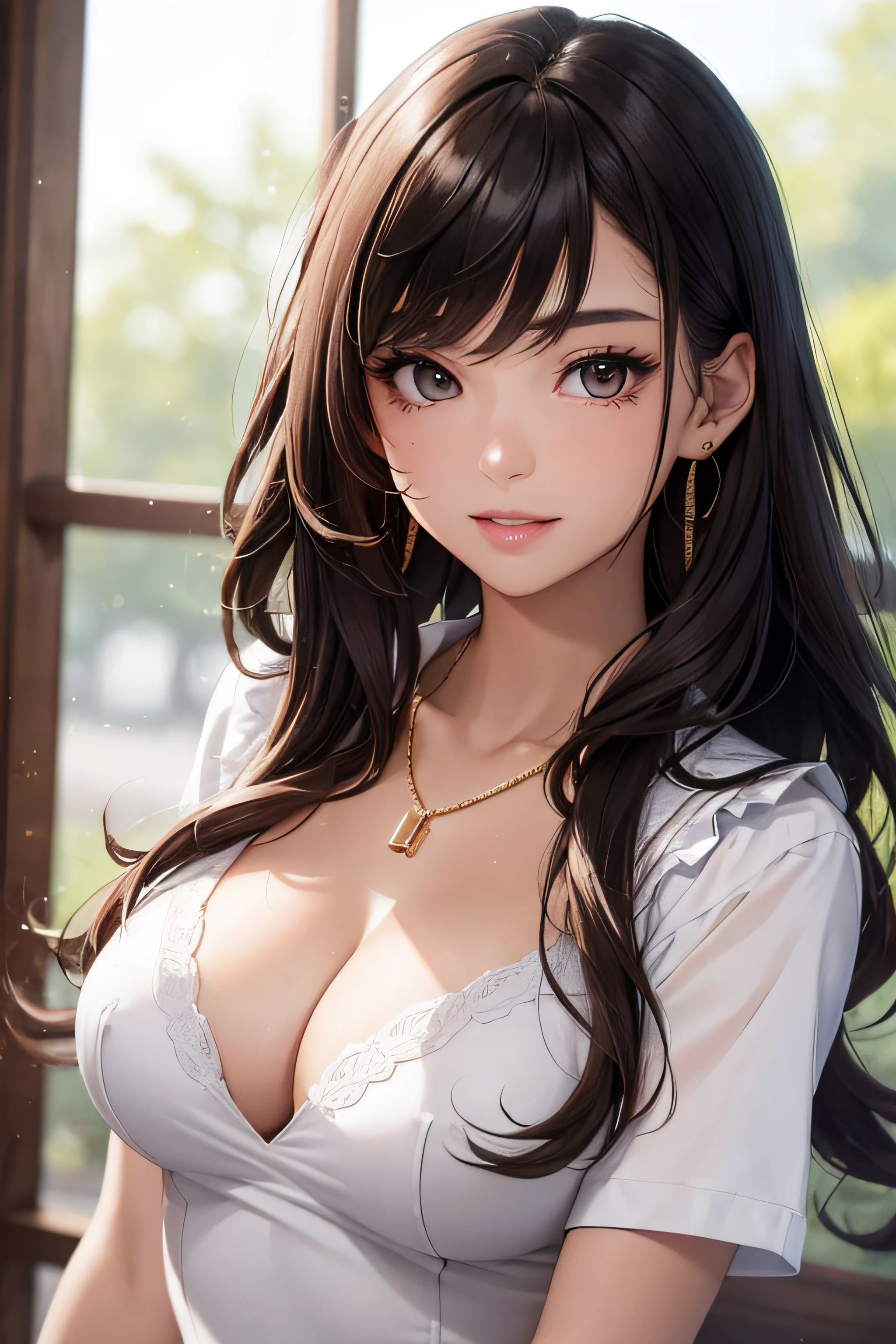 (One upper body photo), Beatiful face, Highly detailed face and skin texture, (Detailed eyes), Brown eyes, Double eyelids, Fine eyebrows, Glitter eyeliner: 1.2, Natural cheeks, Glowing skin, Fair skin, (((with schoolgirl costume))), Glitter necklace and earrings, (Glossy lips: 1. 4), (Seductive smile), (20 years old), (Wavy hair, Diagonal bangs), Medium long hair, ((Upper body shot)), ((Focus on chest and face)), Medium large breasts, Upturned Breasts.