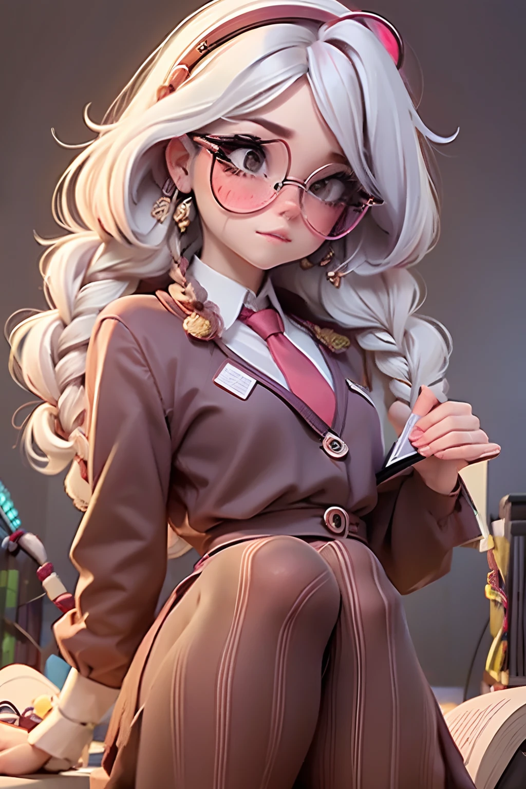 Lolli girl, braid messy hair, school, maroon necktie, glasses, reading books, library background, white hair, cute badgirl, baddie, wearing cool maroon headset