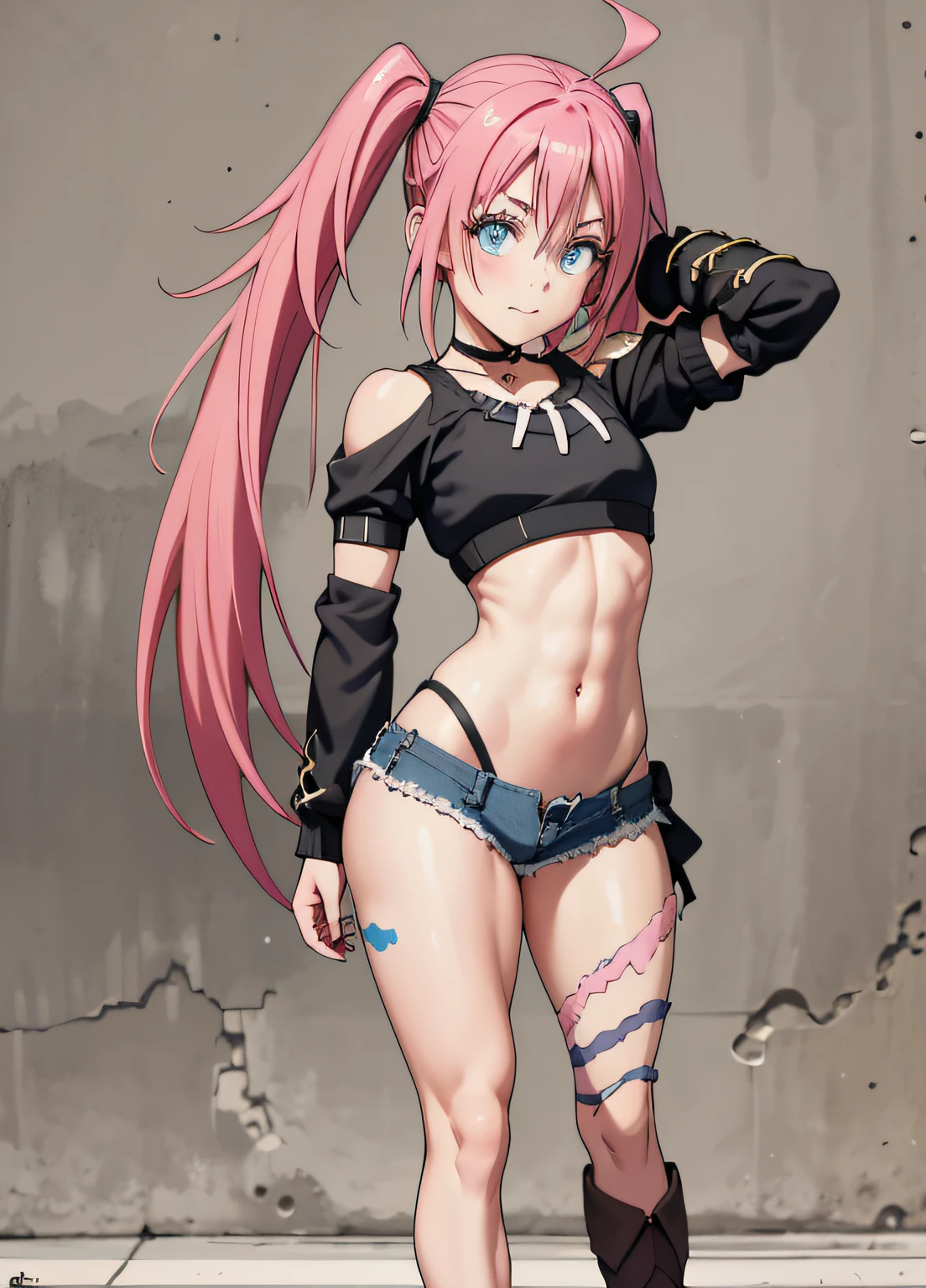 masterpiece, best quality, 1girl, solo, crop top, denim shorts, choker, (graphite: 1.5), paint splatters, arms on waist, against wall, looking at viewer, armband, body paint, head tilt, happy, long pink hair, pigtails, blue eyes, thick and muscular thighs, muscular belly, barefoot, medium breasts, full body photo