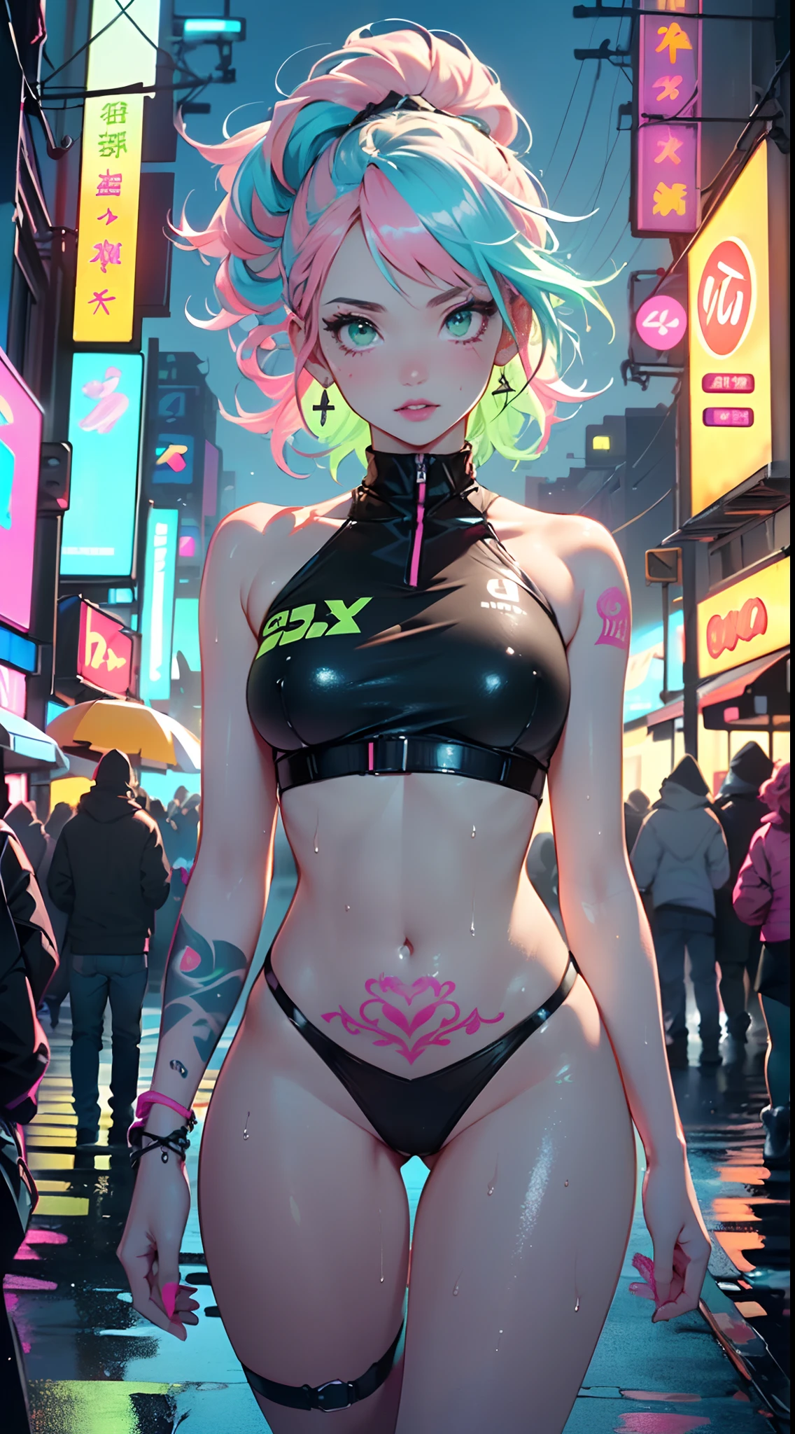 girl rave,(((1girl))),((girl with extremely cute and beautiful pink hair)),((asian features)),

(large breasts:1.4),saggy breasts,(((neon pink hair:1.35,wild hair,long hair:1.4,colored inner hair,ear breathing))),(((neon_green_eyes:1.3))),intricate eyes,beautiful detailed eyes,symmetrical eyes,slanted eyes:15,((fat)),((((lustrous skin:1.5,bright skin: 1.5,shiny skin,very shiny skin,shiny body,plastic glitter skin,exaggerated shiny skin,illuminated skin, wet legs))),(spider lower abdomen,narrow waist,wide hip,athletic body,inflated legs,detailed body,(detailed face)),

cute,slutty,seductive,erotic,(((nsfw))),

zettai ryouiki,revealing clothing,show skin,((rave shirt with an neon colors print,rave mini-short,visible thong straps)),(rave outfit:1.3,rave clothes,semi-naked,with little clothing),((neon tattoos:1.3)),((wet clothes,intricate outfit,intricate clothes)),

(dynamic pose:1.0),solo focus,embarrassed,(centered,scale to fit dimensions,Rule of thirds),

cyberpunk city by the ocean at night, with bright neon signs and dark stormy clouds and puddles, scenery:1.25,

artistic photography,(photography taken by sldr),highres, sharp focus, (ultra detailed, extremely detailed), (photorealistic artwork:1.37),(extremely detailed CG unity 8k wallpaper),((synthwave background theme)),(((vibrant colors))),(intricate background),(masterpiece),(best quality),