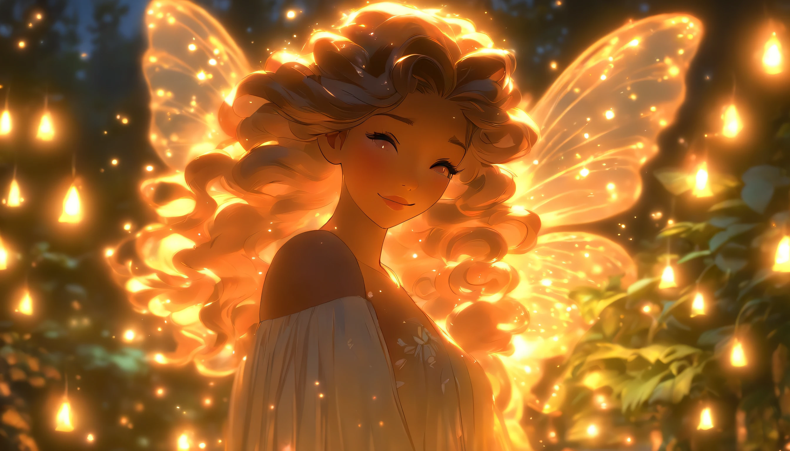 (stable diffusion, highres, detailed)(fairy:1.1), (brown skin:1.1), (female:1.1), (wearing iridescent long dress:1.1), (standing:1.1), (night:1.1), (garden:1.1), (surrounded by fireflies:1.1), (magical lighting:1.1), (ethereal atmosphere:1.1), (vibrant colors:1.1), (dreamlike:1.1), (delicate wings:1.1), (graceful pose:1.1), (mystical:1.1), (enchanted:1.1), (natural surroundings:1.1), (glowing plants:1.1), (moonlight:1.1), (serene expression:1.1), (mysterious beauty:1.1), (soft glow:1.1), (sparkling dress:1.1), (ethereal creature:1.1), (whimsical:1.1), (elegant:1.1), (feminine:1.1), (detailed facial features:1.1), (long flowing hair:1.1), (captivating eyes:1.1), (lush foliage:1.1), (transparent wings:1.1), (fireflies gently illuminating the scene:1.1), (tranquil atmosphere:1.1), (dancing firefly lights:1.1), (lush greenery:1.1), (nighttime enchantment:1.1), (glowing magical aura:1.1), (fairy tale-like:1.1), (subtle magic:1.1)