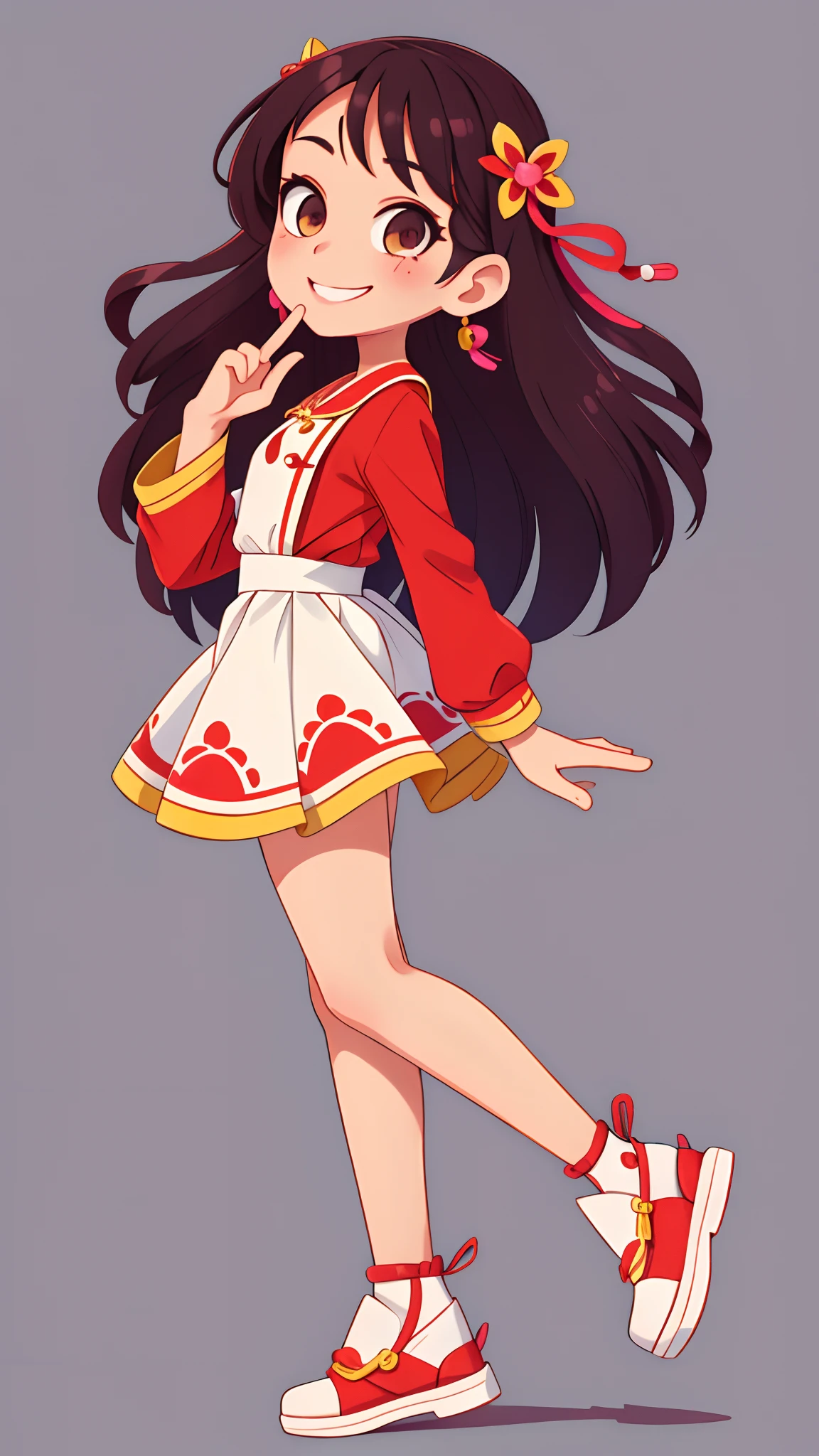 girl with、Put your hand to your mouth and smile、full body Esbian、Distinctive ethnic hair ornaments、Characteristic ethnic shoes、Taken from the side