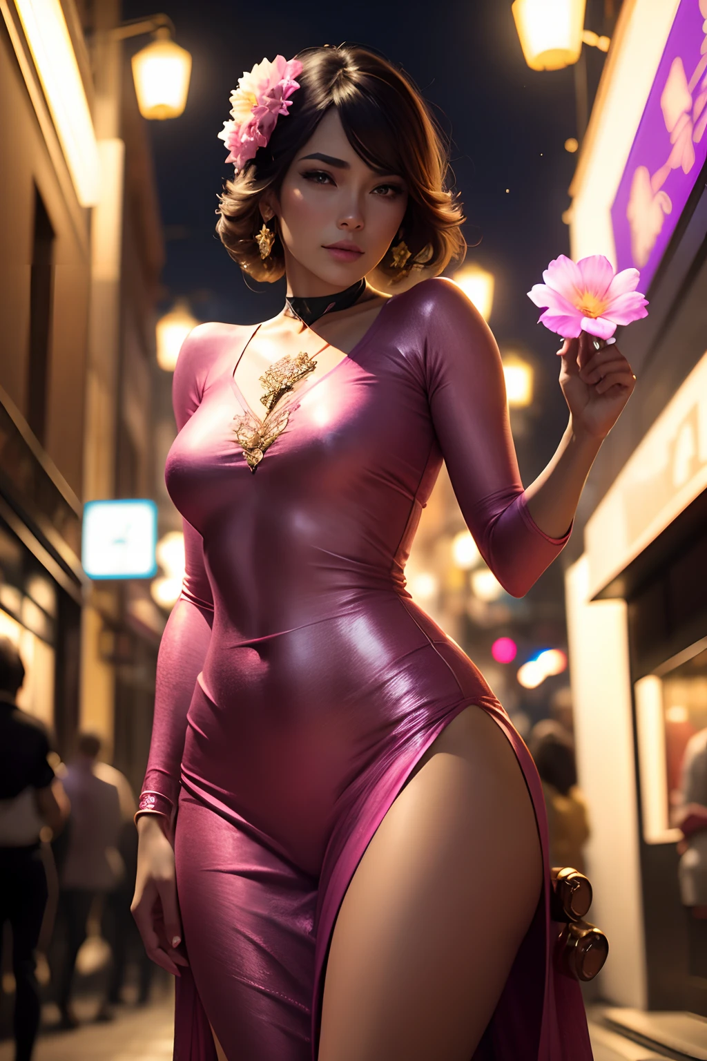 Beautiful woman, Street at night with lights, mexendo com smartphone, hot pants, flores cor-de-rosa perfumadas, transeuntes, gradation of the night scene, detalhes finos, tons sutis, tranquilidade flutuando na tela.