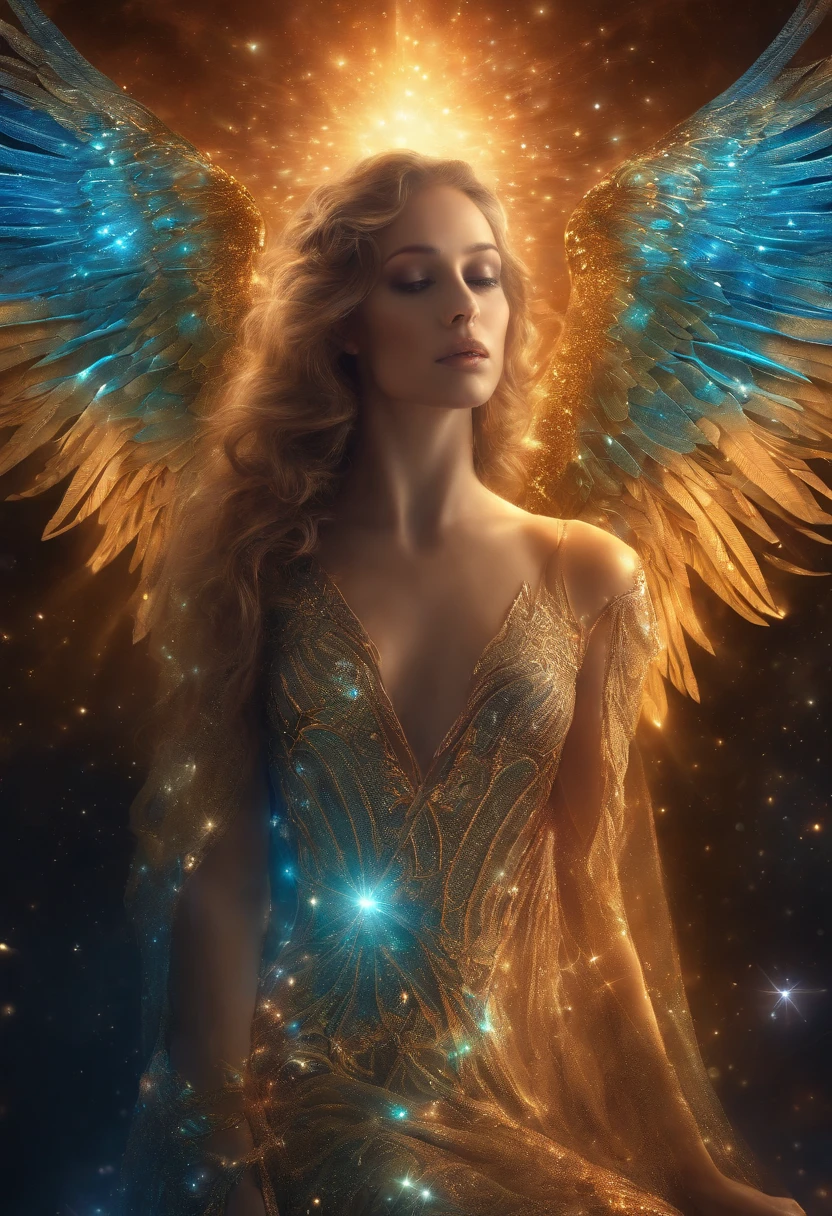 cosmic angel, olhos claros brilhantes, Biomechanicals, estranho, cores muito brilhantes, light particles, com luz brilhante, Mshiff, Arte do papel de parede, Papel de parede UHD