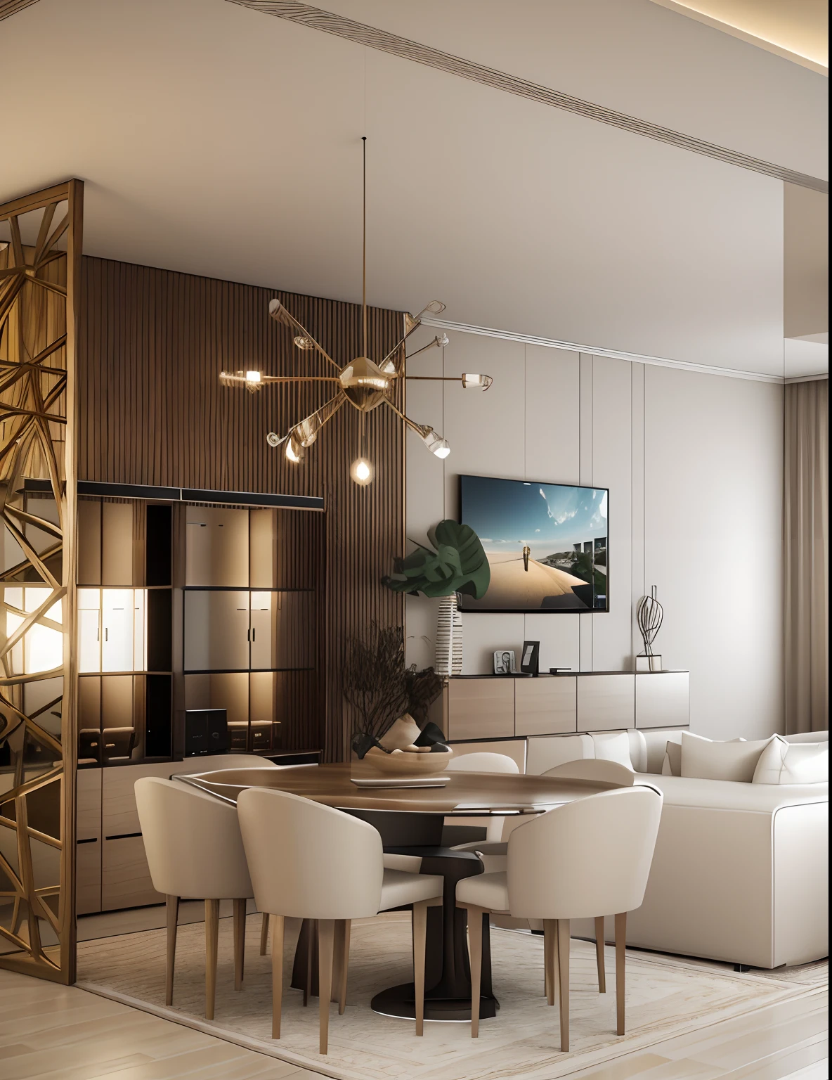 A rendering of a living room with a dining table and chairs, sofa in the background, Television on, cristaleiras acesas, industrial decor, Detailed rendering, enscape render, concept eclectic, 2 d render, renderizado no enscape, Casa Conceito, 3D rendering, 3D-rendering, insanely detailed rendering, in style of 3d render, detailed render, detailed renderings, detailed 3d render, detailed 3d render, design de apartamentos, luz entrando, luz de teto, lustre,