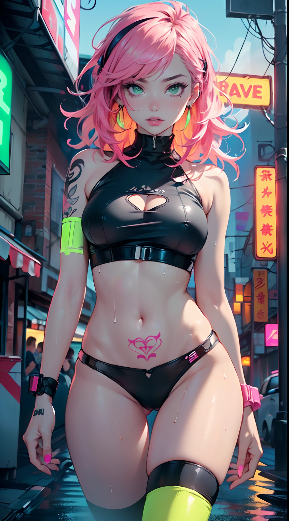 girl rave,(((1girl))),((girl with extremely cute and beautiful pink hair)),((asian features)),

(large breasts:1.4),saggy breasts,(((neon pink hair:1.35,wild hair,long hair:1.4,colored inner hair,ear breathing))),(((neon_green_eyes:1.3))),intricate eyes,beautiful detailed eyes,symmetrical eyes,slanted eyes:15,((fat)),((((lustrous skin:1.5,bright skin: 1.5,shiny skin,very shiny skin,shiny body,plastic glitter skin,exaggerated shiny skin,illuminated skin, wet legs))),(spider lower abdomen,narrow waist,wide hip,athletic body,inflated legs,detailed body,(detailed face)),

cute,slutty,seductive,erotic,(((nsfw))),

zettai ryouiki,revealing clothing,show skin,((rave shirt with an neon colors print,rave mini-short,visible thong straps)),(rave outfit:1.3,rave clothes,semi-naked,with little clothing),((neon tattoos:1.3)),((wet clothes,intricate outfit,intricate clothes)),

(dynamic pose:1.0),solo focus,embarrassed,(centered,scale to fit dimensions,Rule of thirds),

cyberpunk city by the ocean at night, with bright neon signs and dark stormy clouds and puddles, scenery:1.25,

artistic photography,(photography taken by sldr),highres, sharp focus, (ultra detailed, extremely detailed), (photorealistic artwork:1.37),(extremely detailed CG unity 8k wallpaper),((synthwave background theme)),(((vibrant colors))),(intricate background),(masterpiece),(best quality),