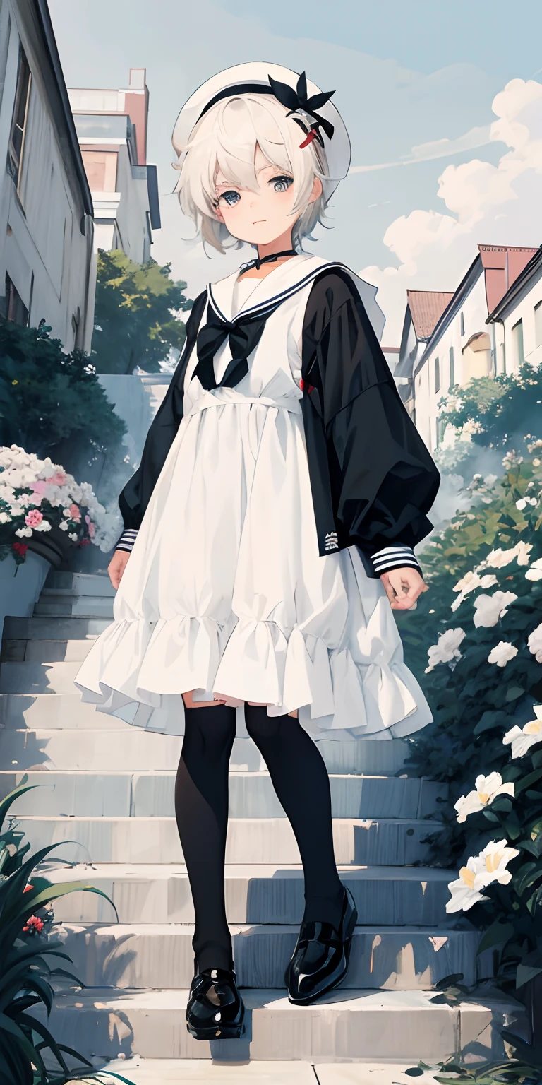 Anime boy in white ruffled blouse and black hat standing at the top of the stairs, Anime Boy, Boy in nice clothes、 a sailor suit, Cute Boy Style Anime, Boys Frontline Style,