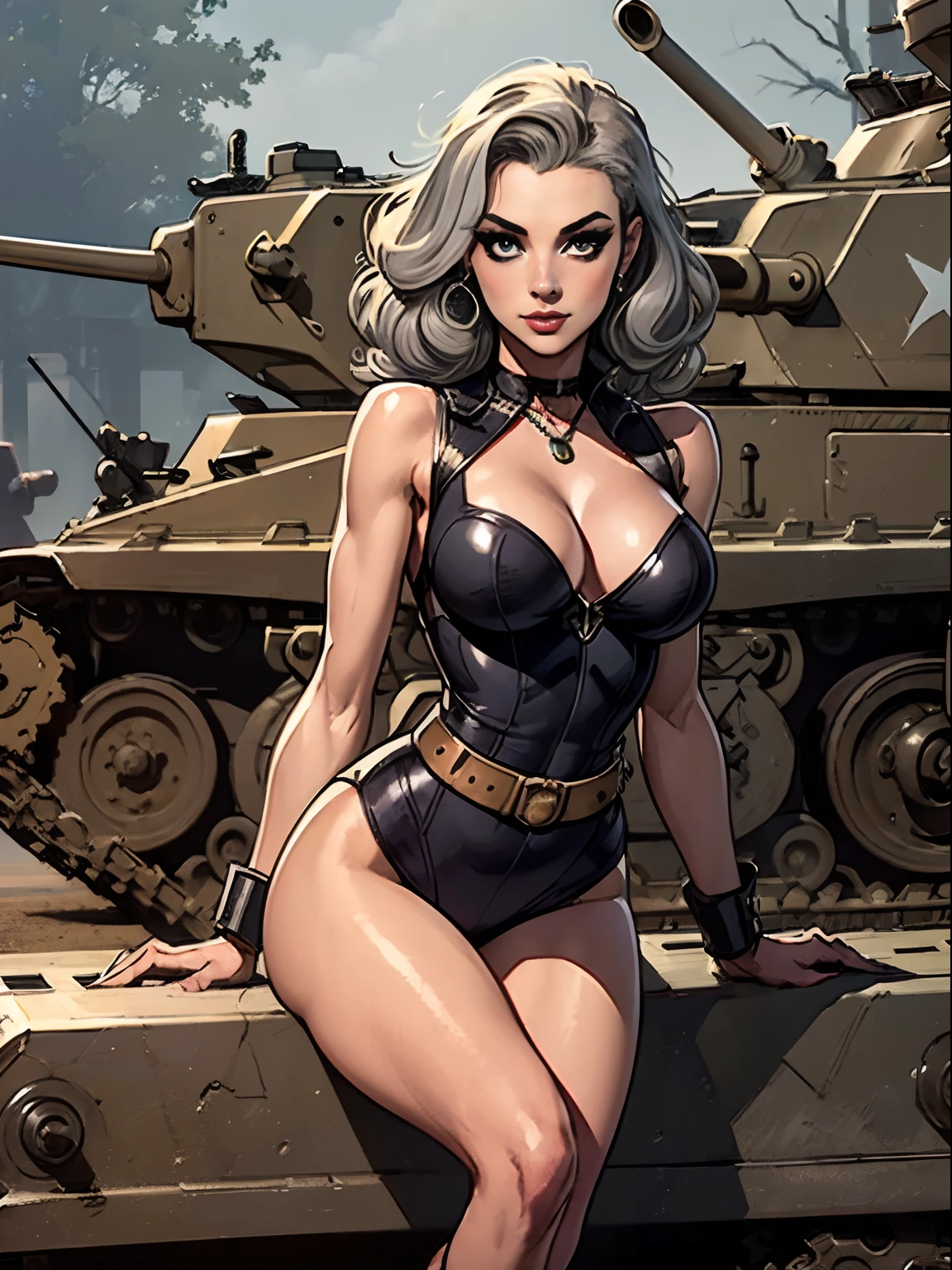 (masterpiece, top quality, best quality, official art, beautiful and aesthetic:1.2), (1girl:1.3), (gray hair victory curls), vintage 1940's American hairstyle, extremely detailed, portrait, looking at viewer, solo, (full body:0.6), detailed background, close up, vintage makeup, retro style, (warm summer military base theme:1.1), pinup girl, elegant face, long face, charlatan, smirk, mysterious, posing on top of a tank, riding the gun, barrel of the tank between her legs, patriotic costume, high heels, legs, M4 Sherman tank, WWII tank, armored version vehicle,, (((( medium, breast )))), toned, slim waist, slim hips, long legs, muscular legs, historical (WW2 army base exterior:1.1) background, dark mysterious lighting, shadows, magical atmosphere, dutch angle