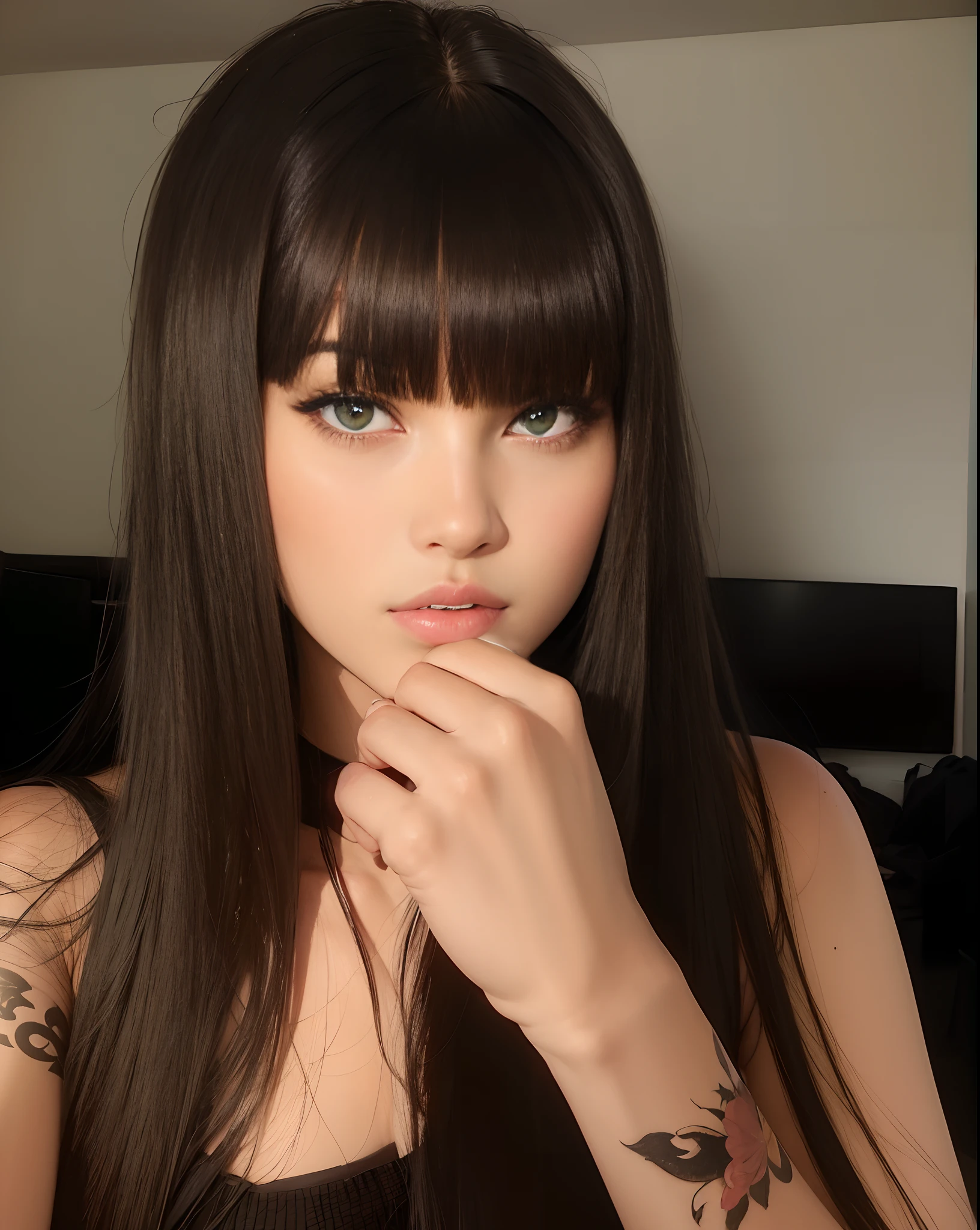 Cute girl , red lipstick, eyeliner , black hair with bangs, spreading butts , full-body display 1.2, HD 12k