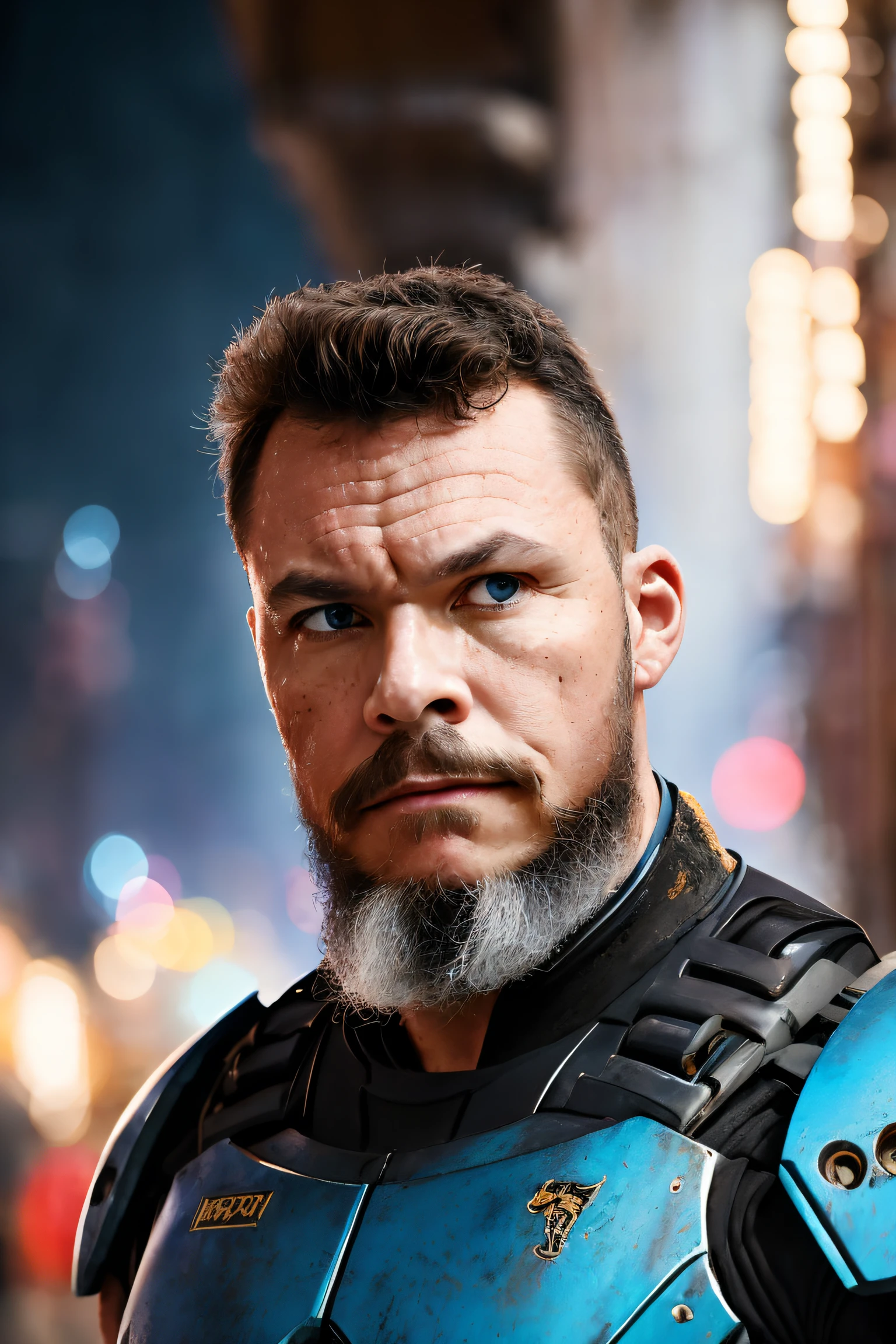 guttojugg1, Portrait photo of muscular bearded guy in a worn mech suit, ((light bokeh)), intricate, (steel metal [rust]), elegant, sharp focus, photo by greg rutkowski, soft lighting, vibrant colors, (masterpiece), ((streets)), (detailed face:1.2), (glowing blue eyes:1.1)