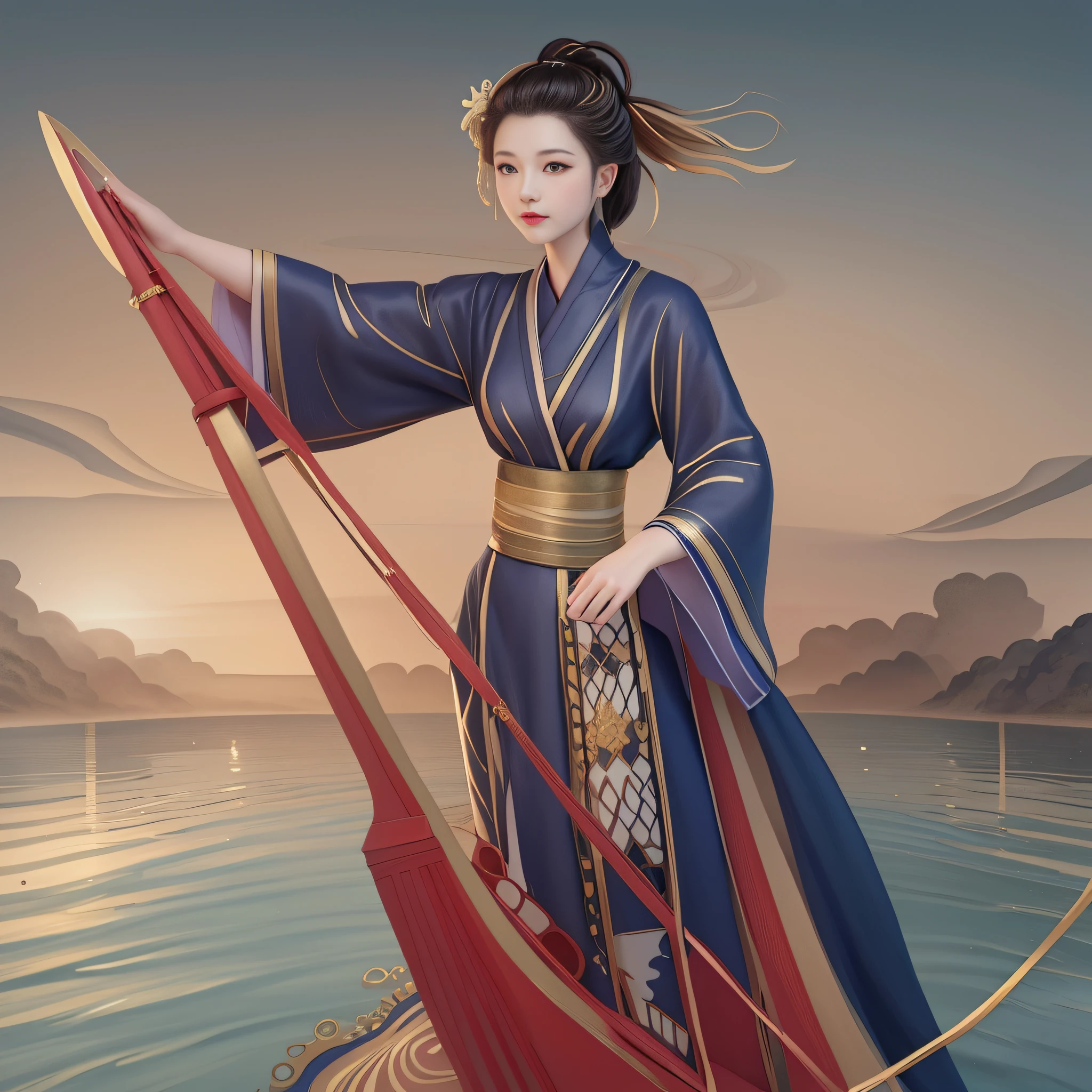 there is a woman in a kimono standing on a boat, queen of the sea mu yanling, a beautiful artwork illustration, guanyin of the southern seas, ancient chinese beauties, exquisite digital illustration, in style of digital illustration, chinese woman, ancient china art style, chinese painting style, beautiful character painting, full color digital illustration, beautiful digital artwork.