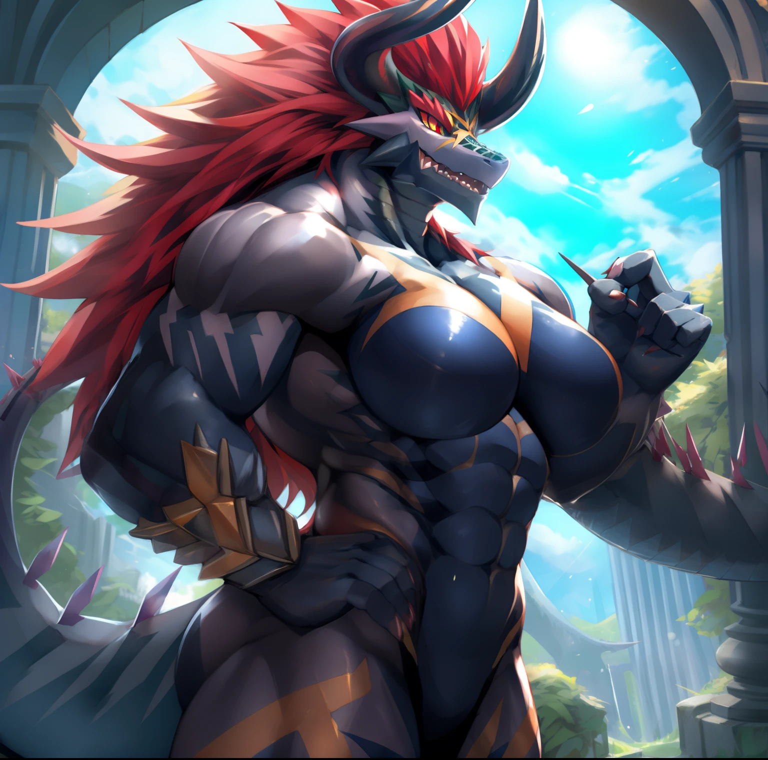 (by null-ghost), (demon lord dragon batzz), anime, dragon, scalie, female, muscular female, red eyes, mohawk, markings, tatoo,1.4, horn, claws, huge breast, curvy, full body, abs particles,(best quality),(masterpiece),(ultra detailed),sharp focus, sharp teeth, spiky hair, Big upper Body, Broad shoulders