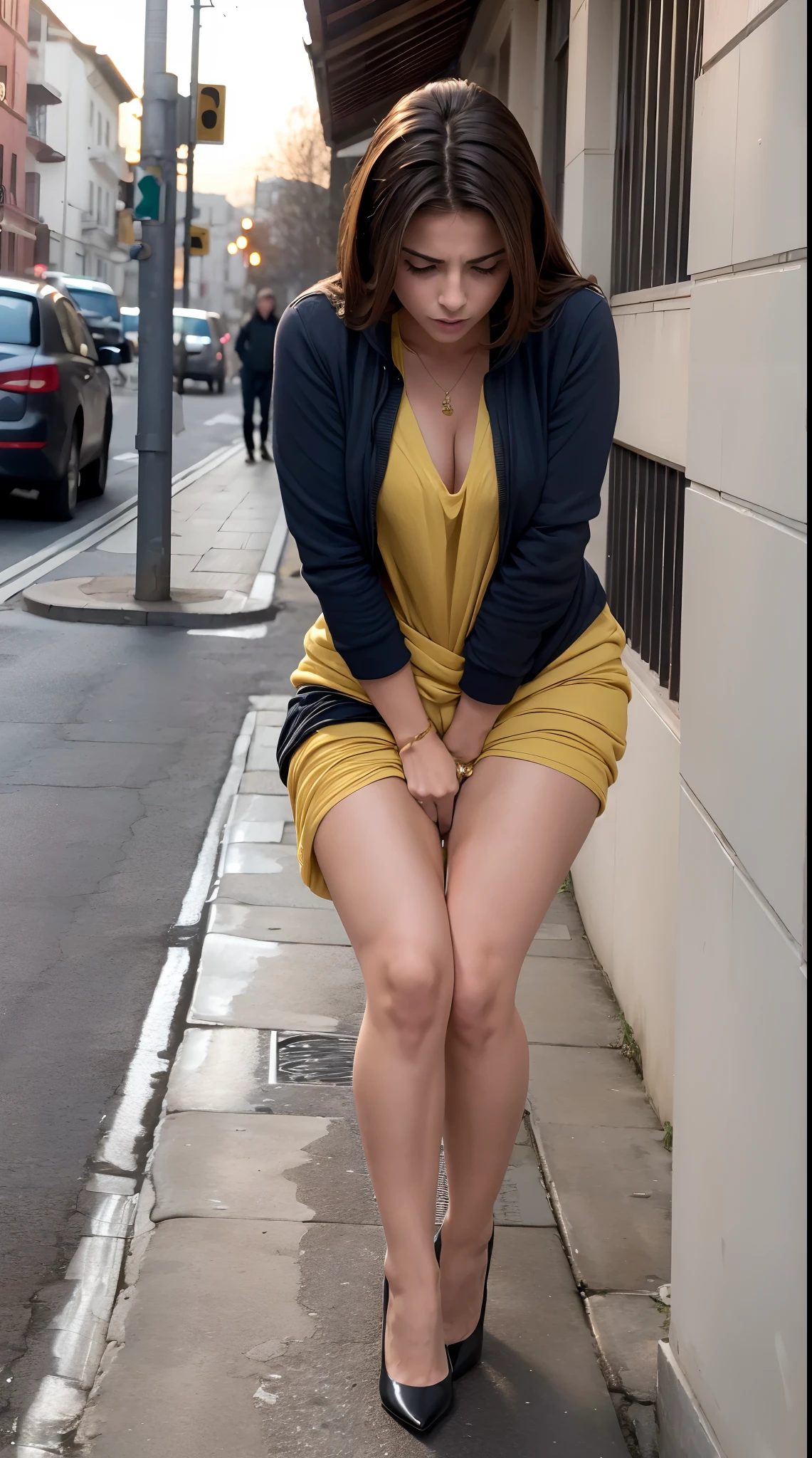 Giant girl sitting in the city,  Bigger than buildings, shrinking people, Look down, Red hair,  Real person, perfect full HD face, GTS, smiling face, Belly, 