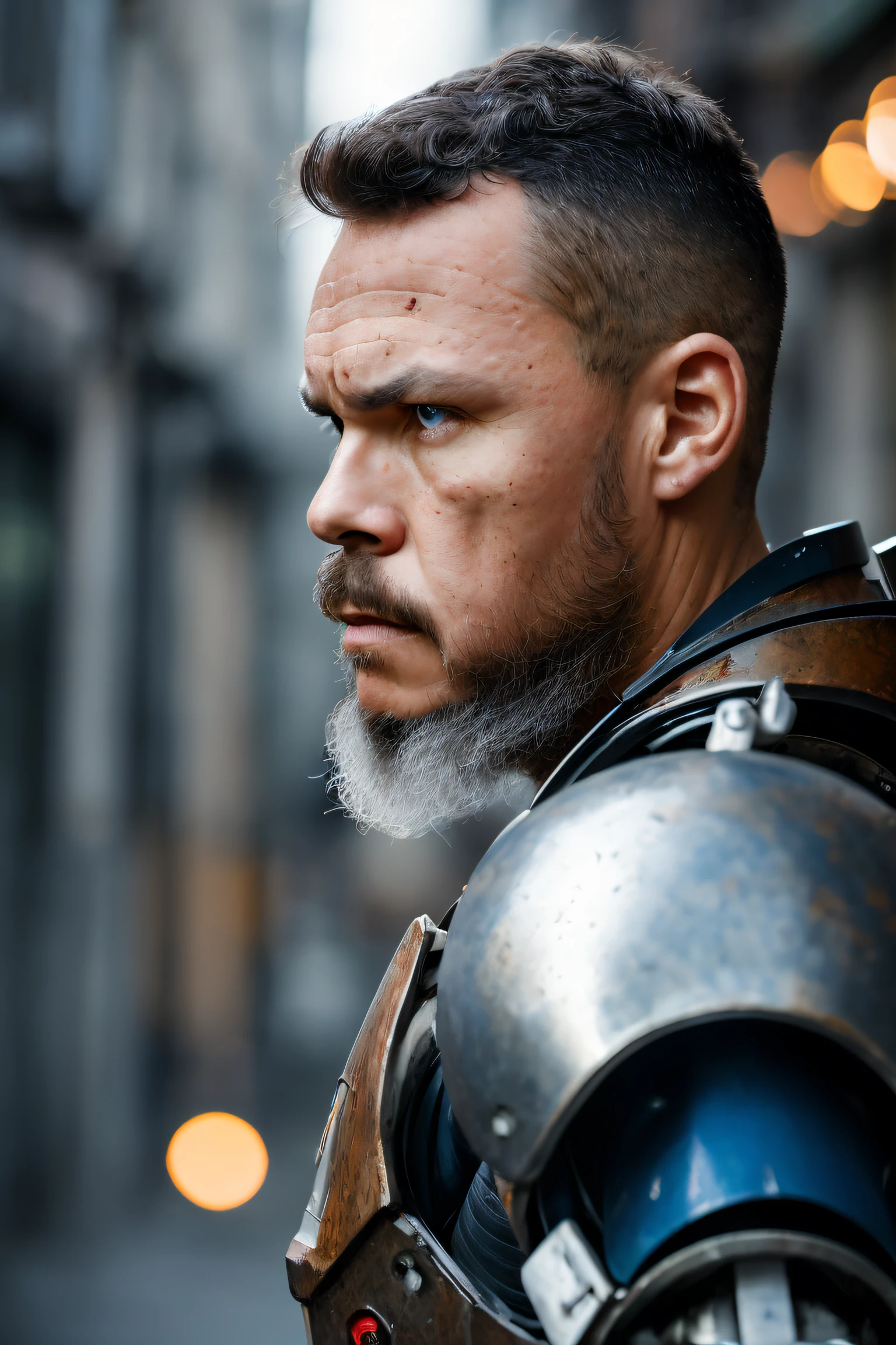 guttojugg1, Portrait photo of muscular bearded guy in a worn mech suit, ((light bokeh)), intricate, (steel metal [rust]), elegant, sharp focus, photo by greg rutkowski, soft lighting, vibrant colors, (masterpiece), ((streets)), (detailed face:1.2), (glowing blue eyes:1.1)