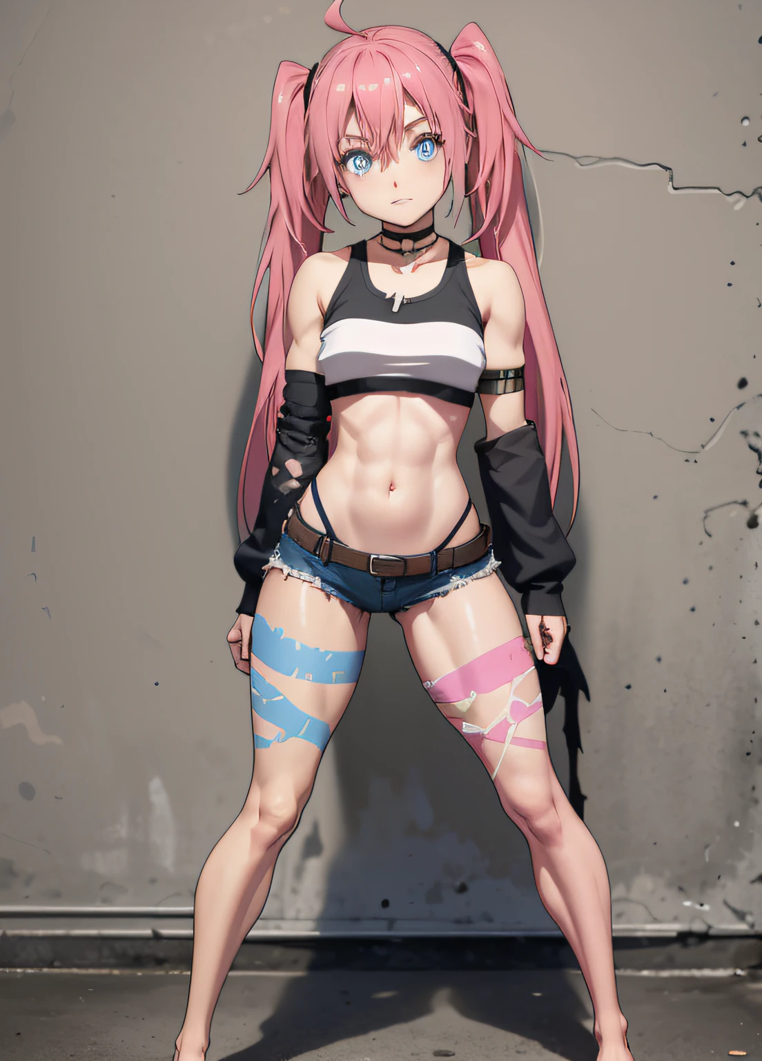 masterpiece, best quality, 1girl, solo, crop top, denim shorts, choker, (graphite: 1.5), paint splatters, arms on waist, against wall, looking at viewer, armband, body paint, head tilt, happy, long pink hair, pigtails, blue eyes, thick and muscular thighs, muscular belly, barefoot, medium breasts, full body photo
