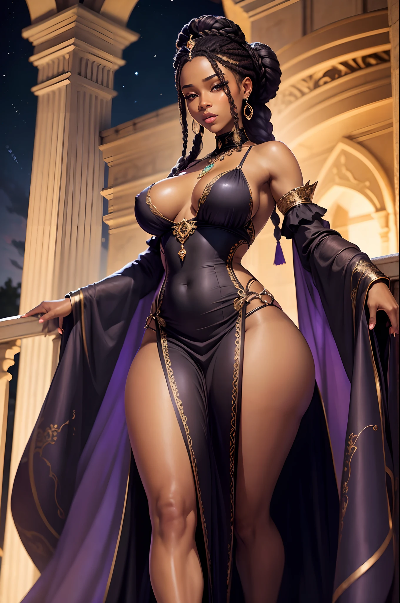 A beautiful black female Queen standing on the balcony of her castle Enjoying the night's Breeze nice ass large breasts nipples areolas, lavender, sheer long dress hair in a braided bun Diamond jewelry Masterpiece quality intricate detail Dynamic lighting..