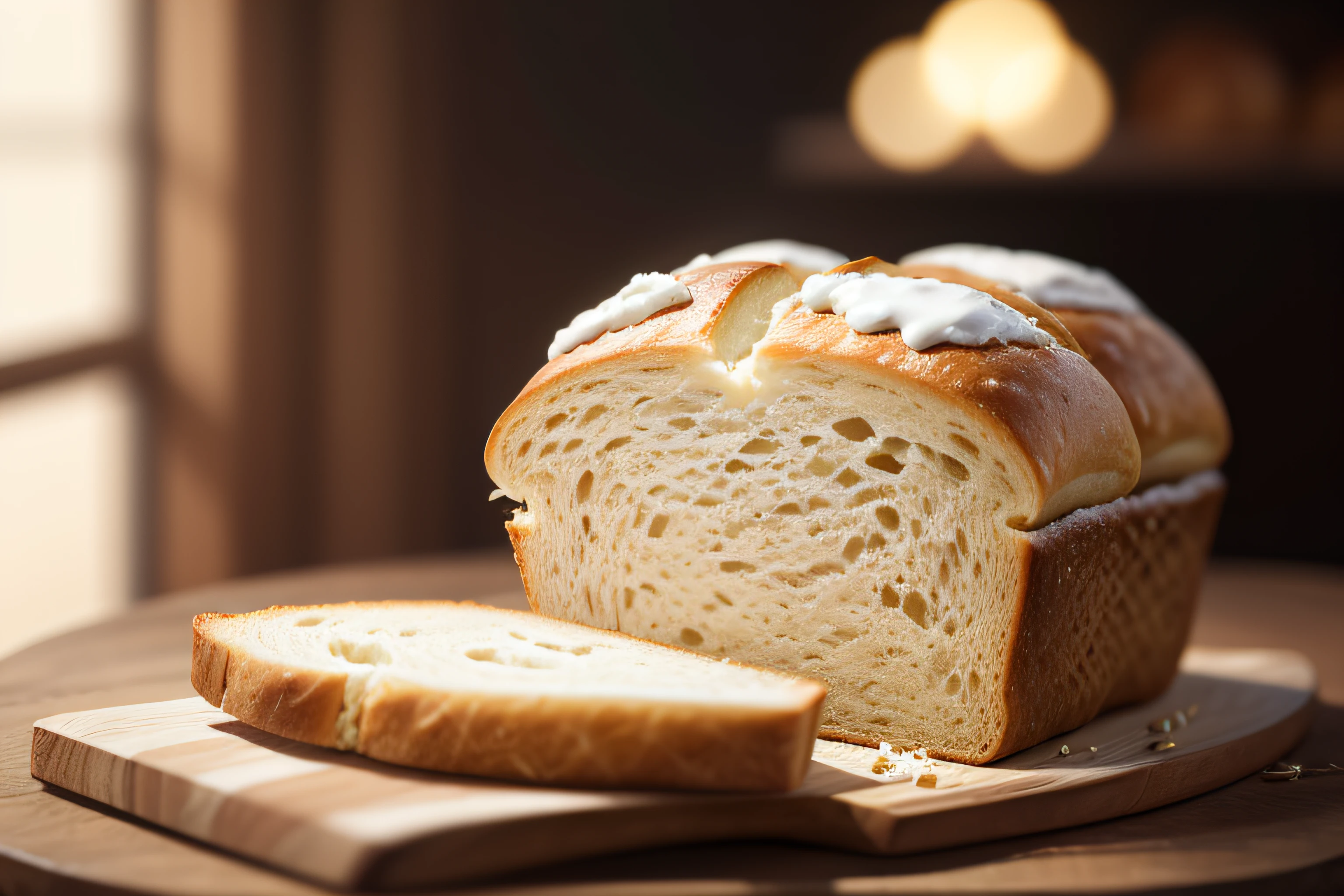 bread with butter, blurred background, food photography, realistic, professional photography, highly detailed, 8k, realism, super detailed.