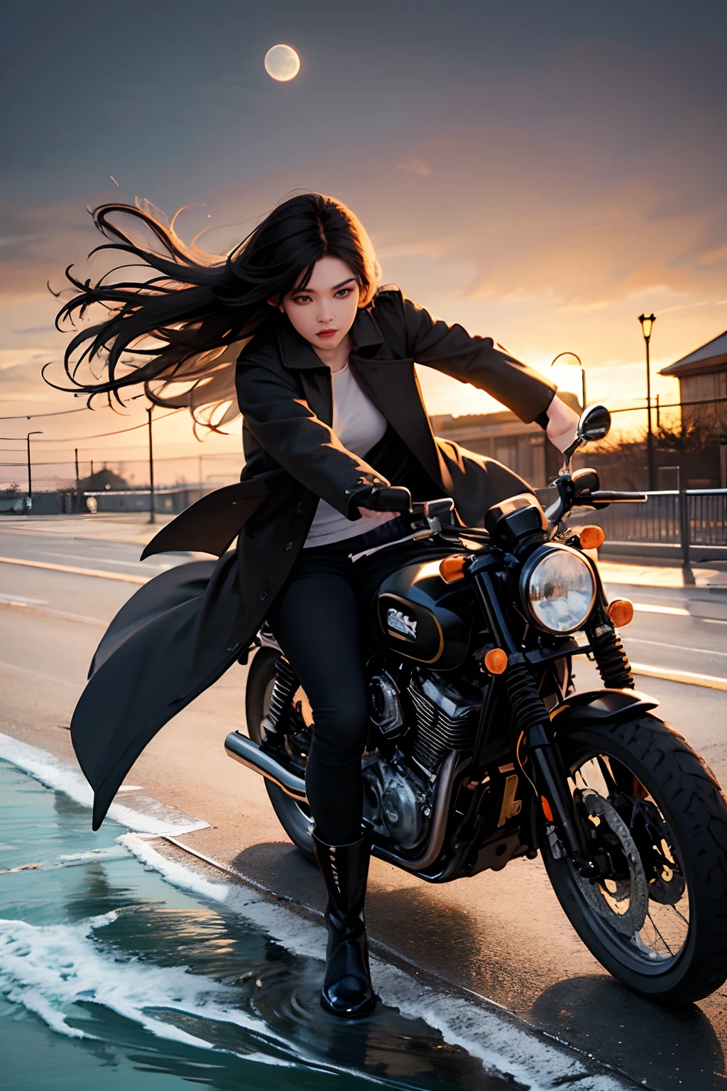1girl, long curly black hair, brown eyes, wearing black long coat, black under shirt, black leather long pants, black boots, high res, ultrasharp, 8K, masterpiece, looking at viewer, full body photo, magnificent scene, epic scenes, college student, college campus, jumping action, running action, fighting action, motorcycle, water fountain, big moon, mysterious