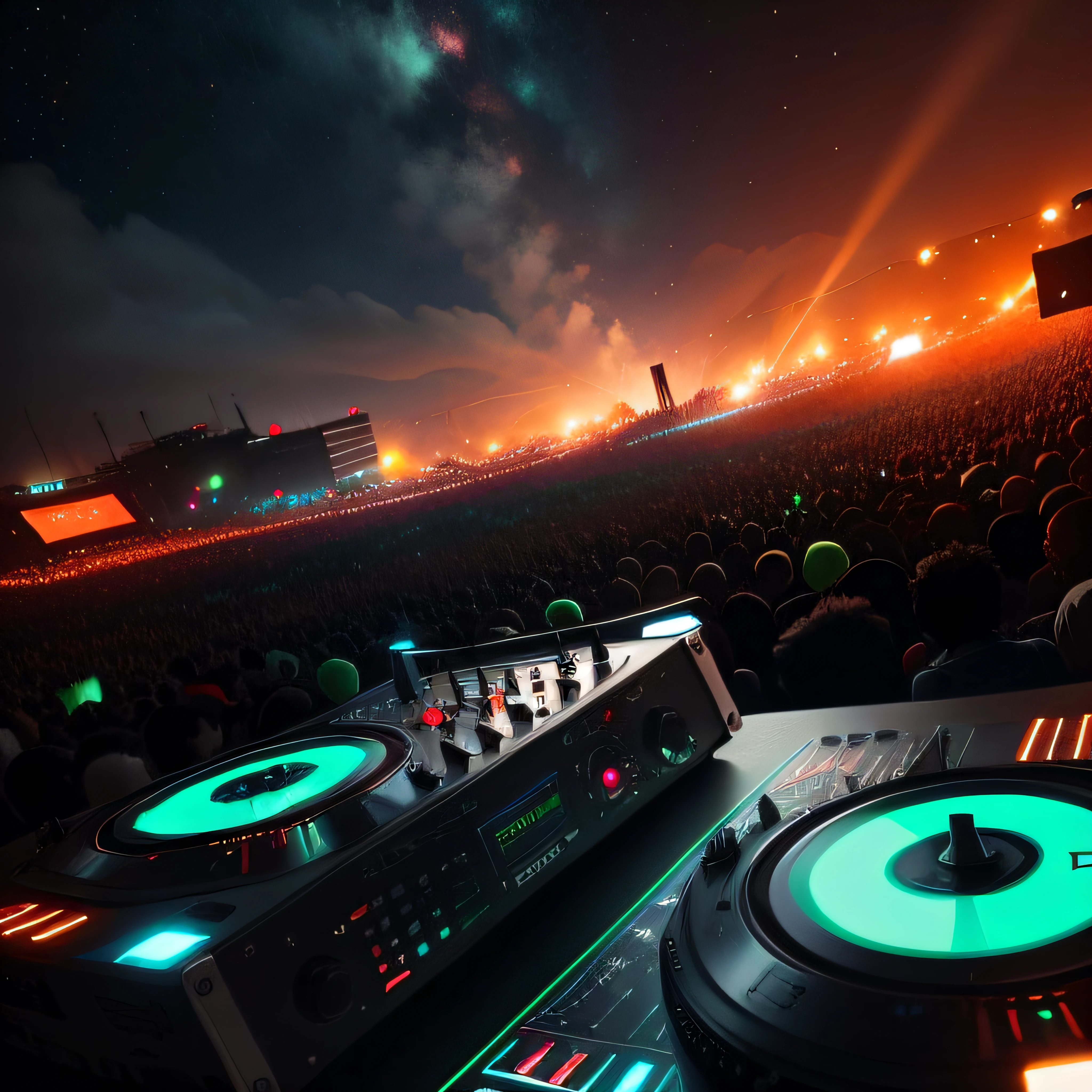 dj, by the dj eyes, crowd, openair, night, cinematic, stars, backview, red orange dark grey and some green colors, unusual angle