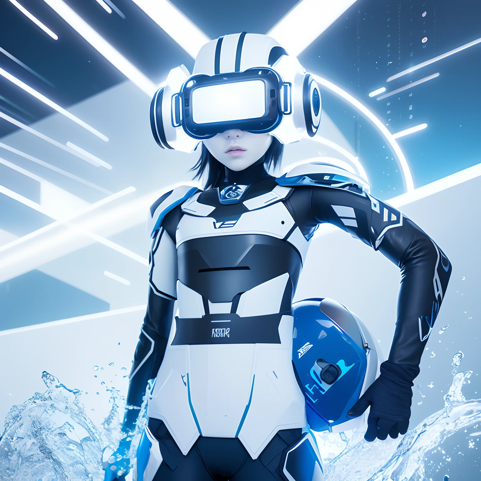 Futuristic billboard ad for virtual reality, Techno Y2K aesthetic art with complex geometric 2D shapes, Designer Republic inspired, virtual reality helmet, morphing water, Futuristic text font, English text, shades of white and blue, light background, highly detailed, 4K.