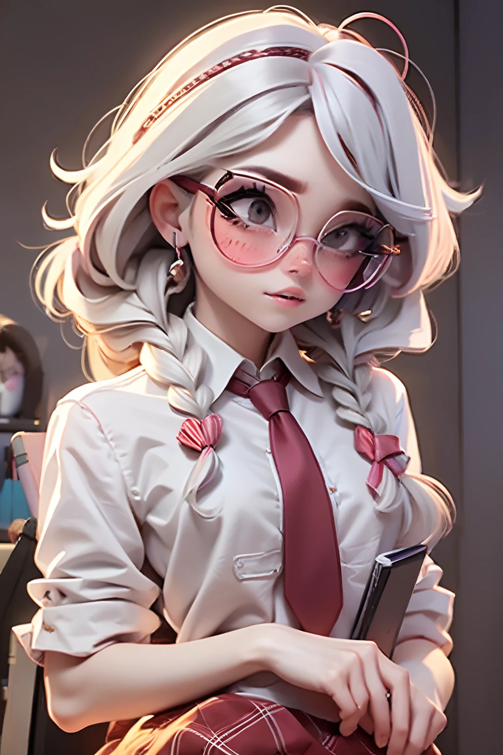 Lolli girl, braid messy hair, school, maroon necktie, glasses, reading books, library background, white hair, cute badgirl, baddie, wearing cool maroon headset