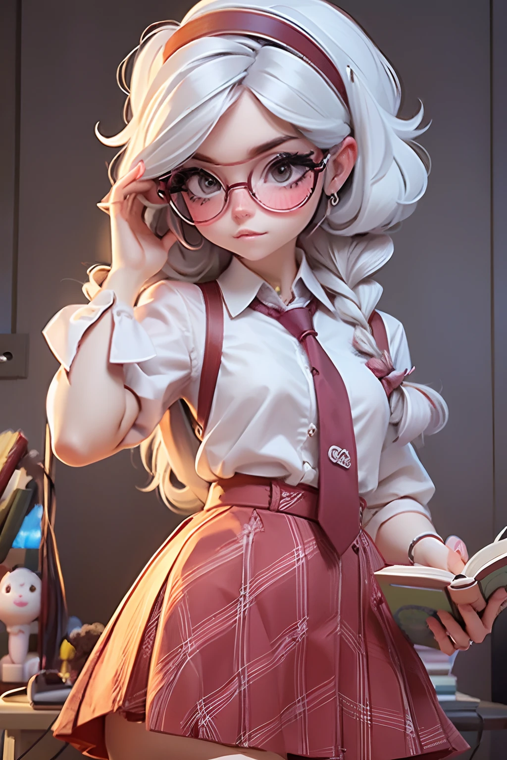Lolli girl, braid messy hair, school, maroon necktie, glasses, reading books, library background, white hair, cute badgirl, baddie, wearing cool maroon headset