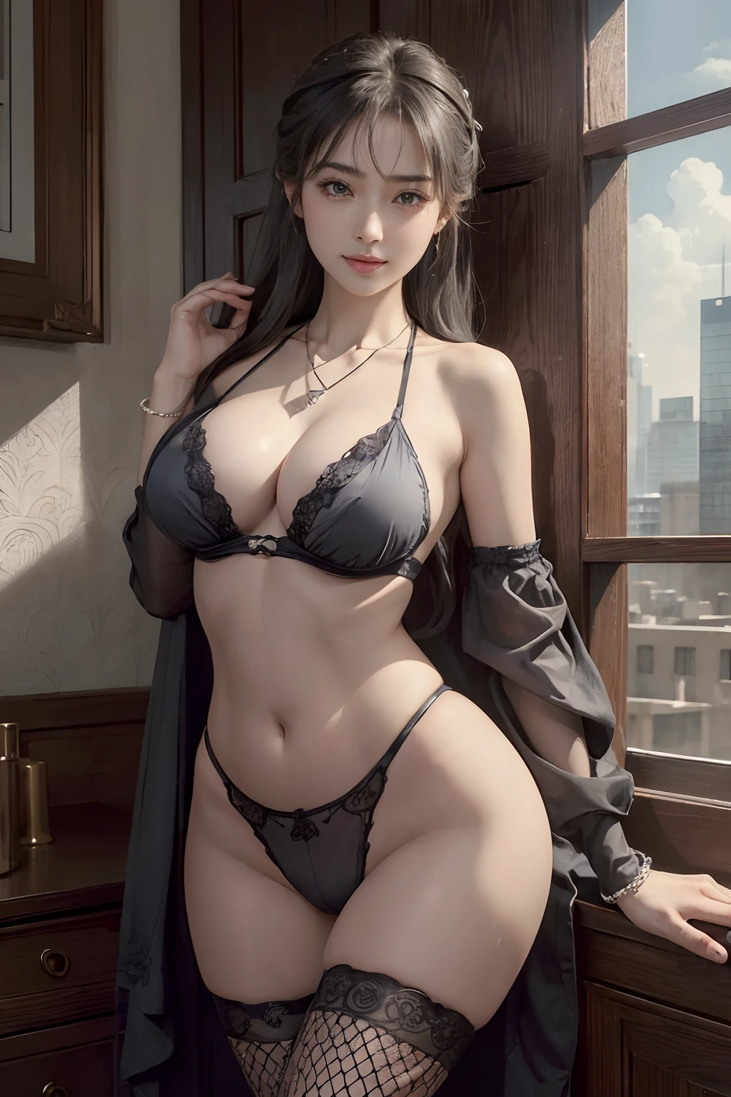 (A hyper-realistic)、(illustratio)、(hight resolution)、(8K)、(ighly detailed)、(Best Illustration)、Professional Lighting、(beautifully detailed eyes)、(top-quality)、(ultra-detailliert)、(masterpiece)、(wall-paper)、(A detailed face)、独奏、One girl、looking at viewert、fine detailed、A detailed face、lowkey、pureerosfaceace_v1、seducting smile、Navel、Esbian、(Fishnet stockings with beautiful design)、((camel's toe))、(piercings、a necklace)、Gray hair、long legged、big breasts thin waist、s ass、Model Makeup、open abdomen、Underboo Boo、Open leg large