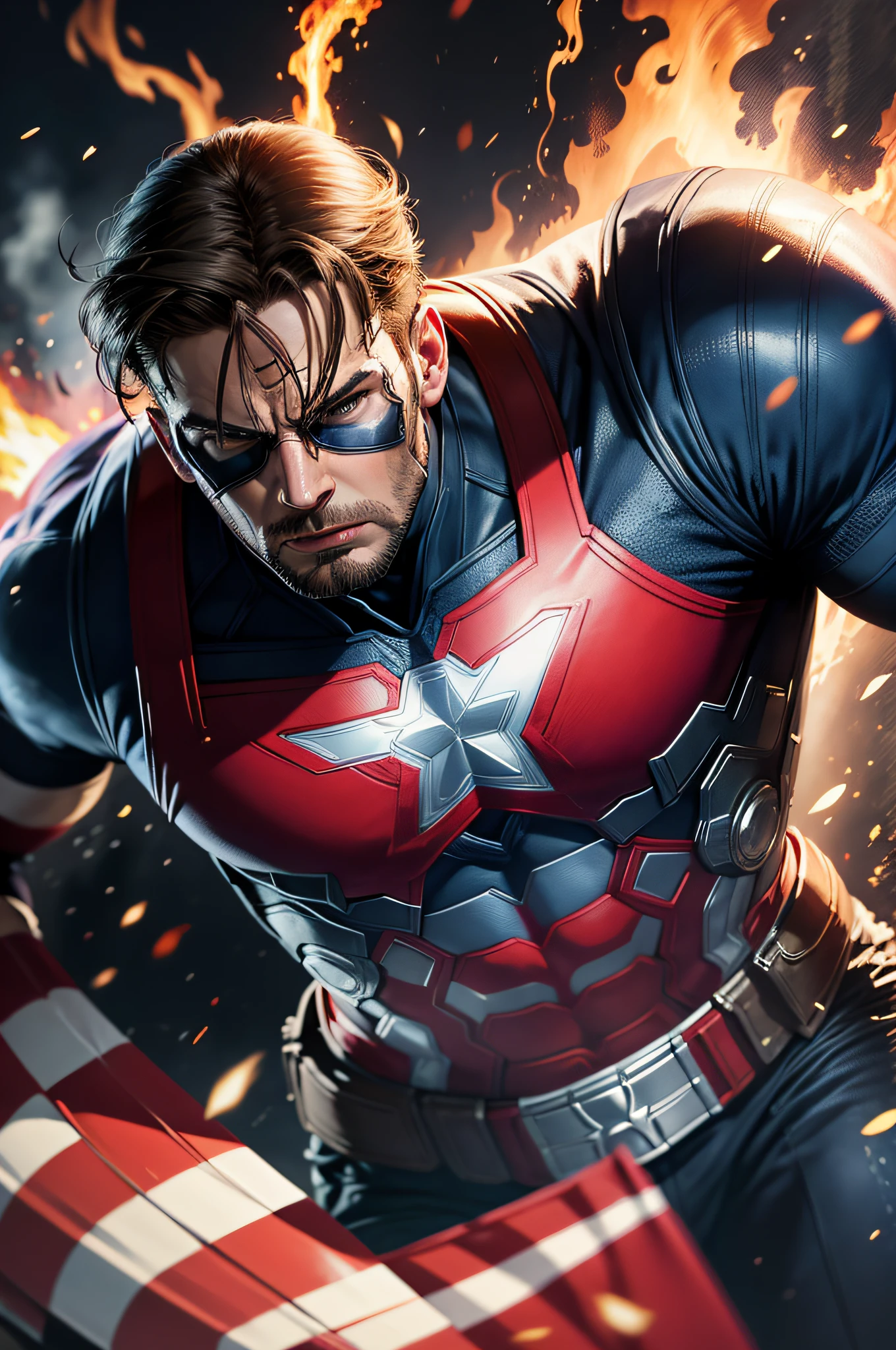 1boy, male focus, Captain America, Chris Evans, Avengers, America's Ass, sheild, FBI headquarters, indoors, DadBod FallingAsleep-Horror
