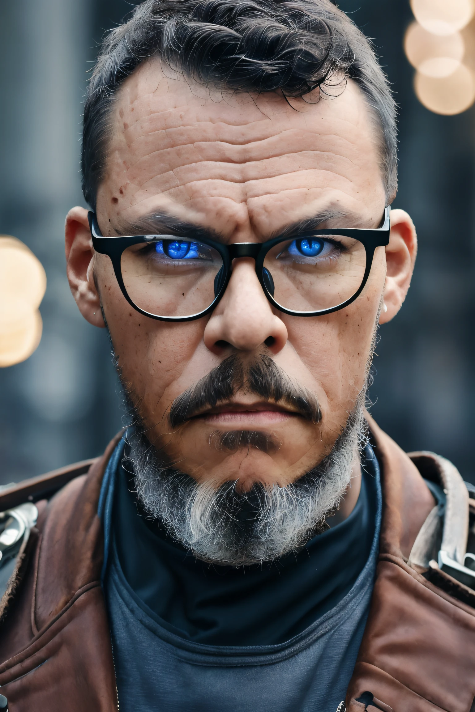 guttojugg1, Portrait photo of muscular bearded guy whith glasses in a worn mech suit, ((light bokeh)), intricate, (steel metal [rust]), elegant, sharp focus, photo by greg rutkowski, soft lighting, vibrant colors, (masterpiece), ((streets)), (detailed face:1.2), (glowing blue eyes:1.1)