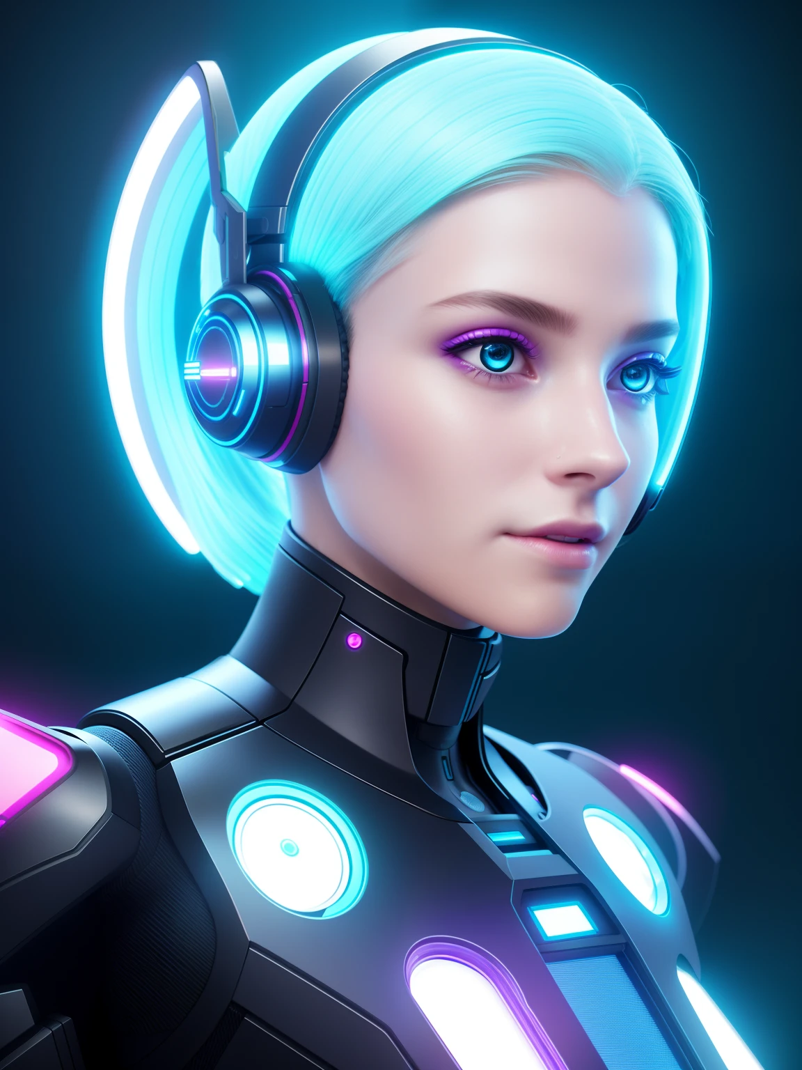 futuristic woman with headphones and glowing lights in her hair, portrait beautiful sci - fi girl, cute cyborg girl, beutiful girl cyborg, cyborg girl, cyborg - girl, portrait of a sci - fi woman, beautiful cyborg girl, 3 d render character art 8 k, beautiful female android, perfect cyborg female, wlop. scifi, sci-fi android female