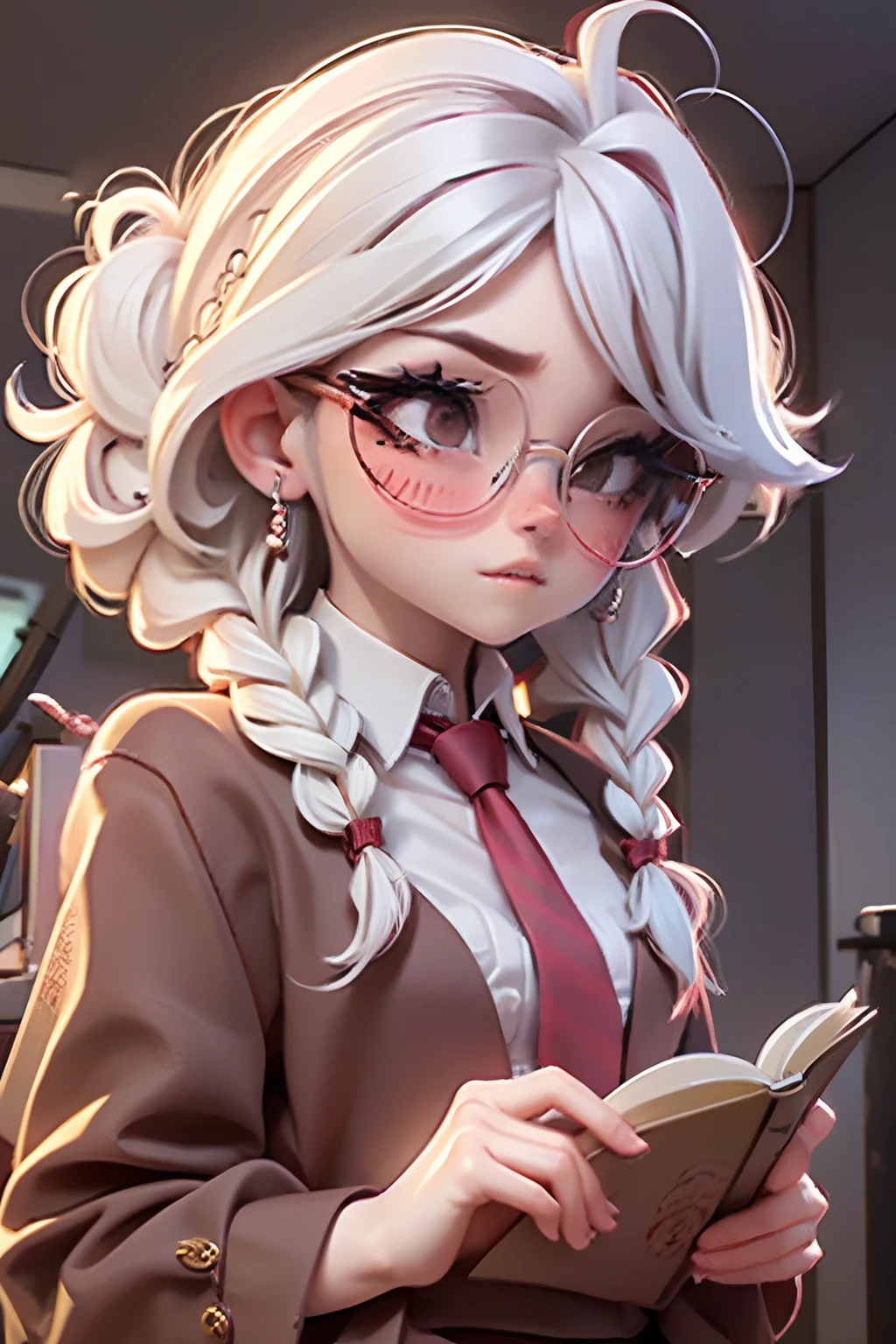 Lolli girl, braid messy hair, school, maroon necktie, glasses, reading books, library background, white hair, cute badgirl, baddie, wearing cool maroon headset