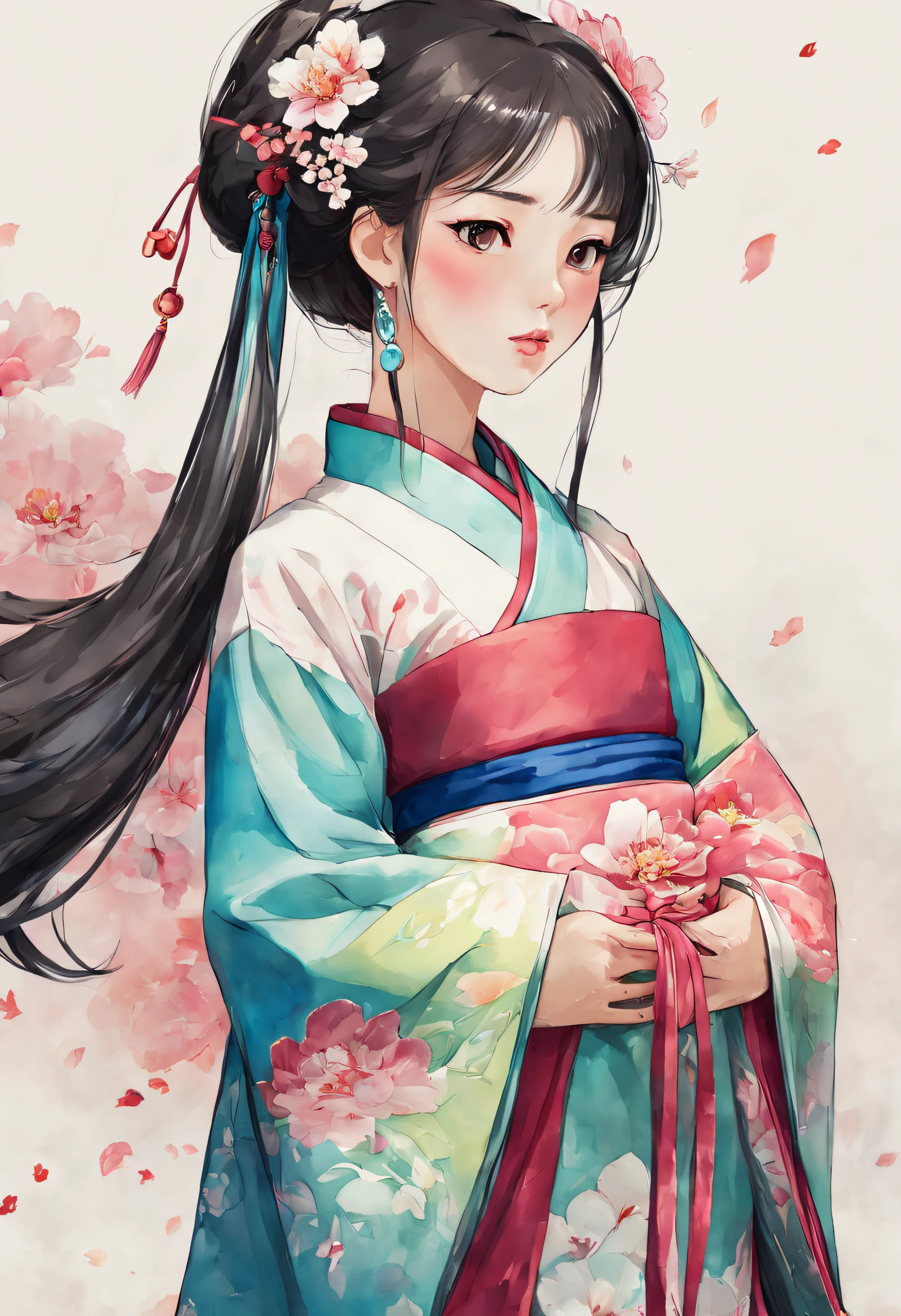 (Hanbok coreano, Traditional Oriental Clothing, outono, pintura em aquarela:1.2), tecido bordado, sexy, brocado estampado, mulher linda, anime illustration, rosto perfeito, seios grandes, Amazing anatomy, Olhando para o Viewer, Youhua, impressionista, Pictorial brushstrokes