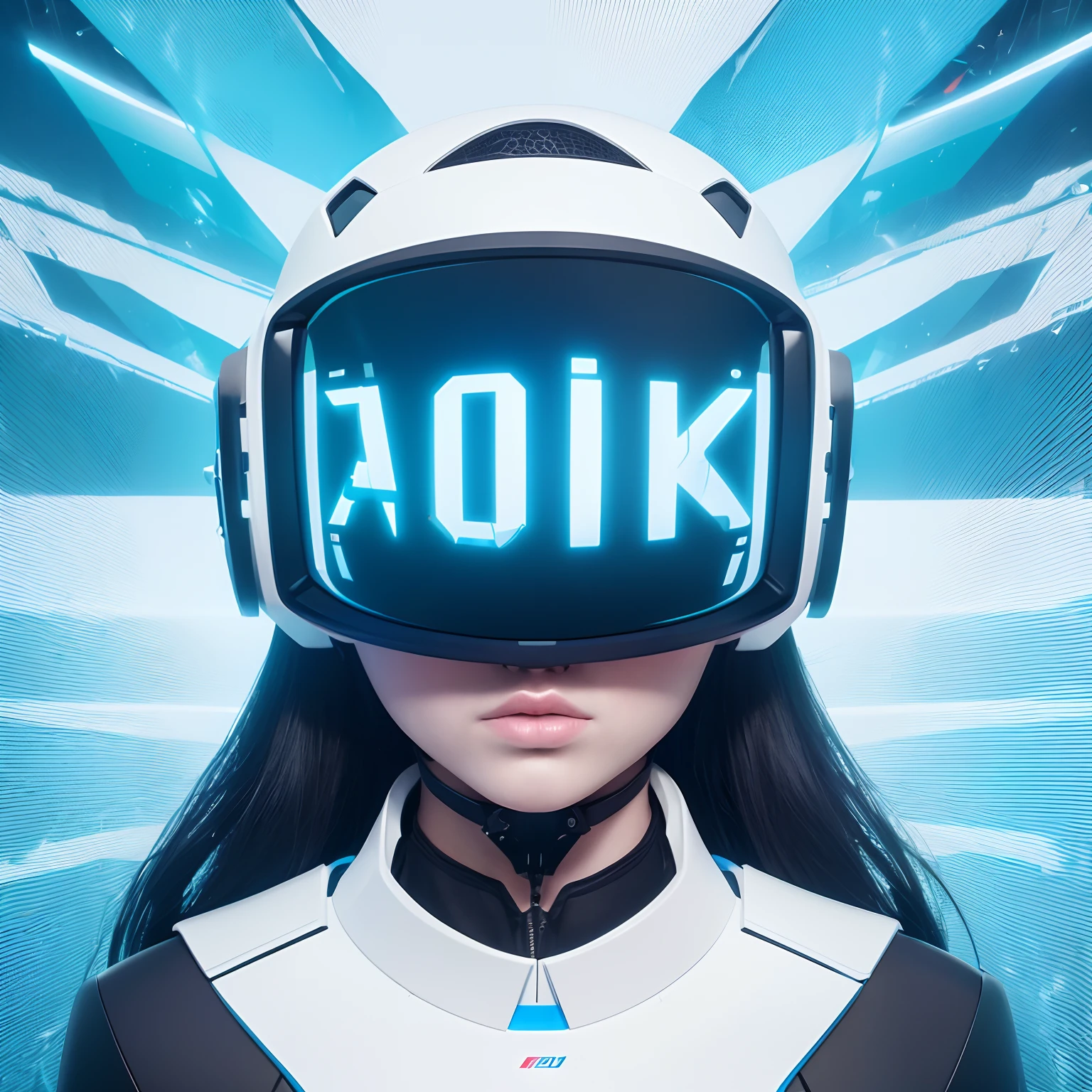Futuristic billboard ad for virtual reality, Techno Y2K aesthetic art with complex geometric 2D shapes, Designer Republic inspired, virtual reality helmet, morphing water, Futuristic text font, English text, shades of white and blue, light background, highly detailed, 4K.
