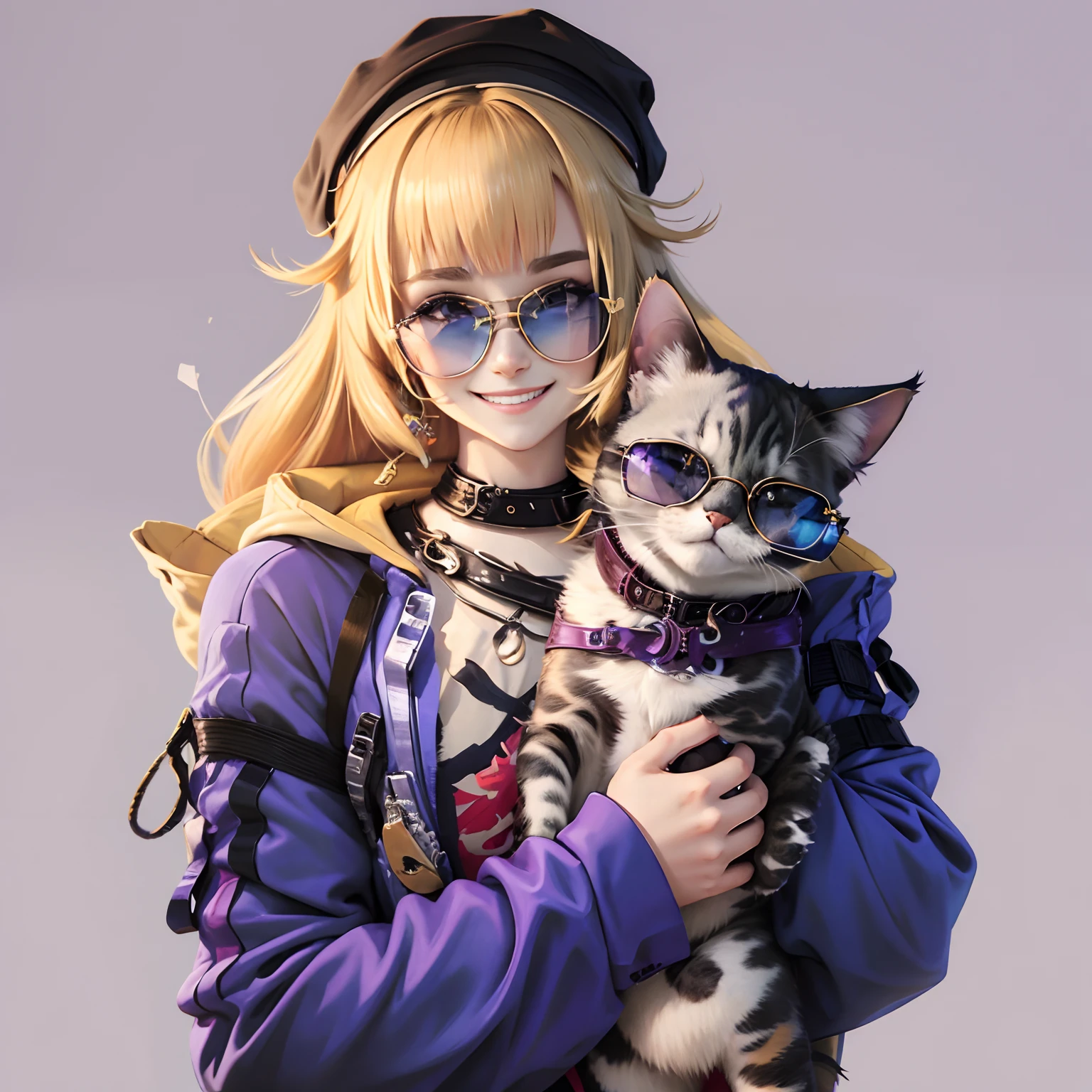Holding a cat with purple glasses, smiling.