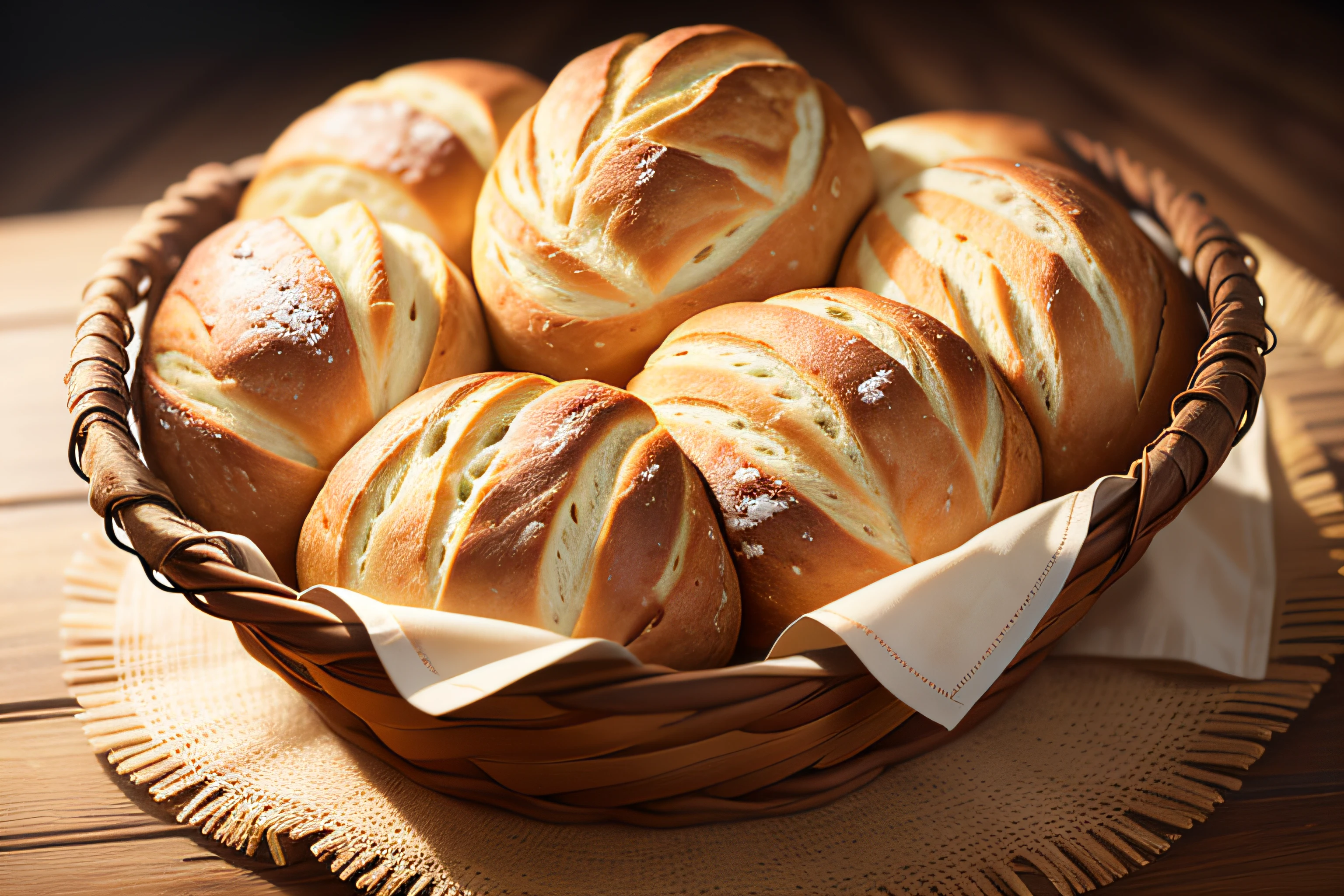 a group of finished baked breads in a straw basket, blurred background, food photography, realistic, professional photography, very detailed, 8k, realism, super detailed.