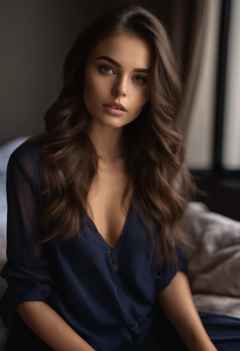 Arafed woman completely , fille sexy aux yeux bruns, ultra realist, Meticulously detailed, Portrait Sophie Mudd, cheveux bruns et grands yeux, selfie of a young woman, Yeux de chambre, Violet Myers, sans maquillage, maquillage naturel, looking straight at camera, Visage avec Artgram, Maquillage subtil, Great photo of the whole body kneeling on the bed, dans la chambre, Medium to large bust