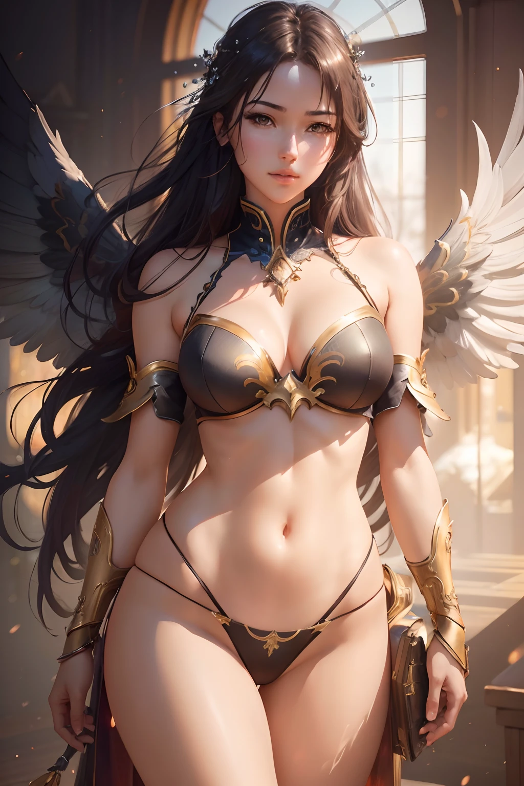 (High quality, 4K, 8K, A high resolution, Masterpiece:1.2), Ultra-detailed, (Realistic, Photorealistic, photo-realistic:1.37), (hdr, hyper HD, Studio lighting), (Vivid colors, Bokeh), Smooth anime-style artwork, Intricate detailing, beautiful angelical wings, Gorgeous necklace, Artistic embryos, Digital art, IG model, 2D illustration, Smooth CG art, art-style, Guweiz-style artwork, Fantasy Art in 2.5D CGI, Bare with thighs，Full body like，only in panties，