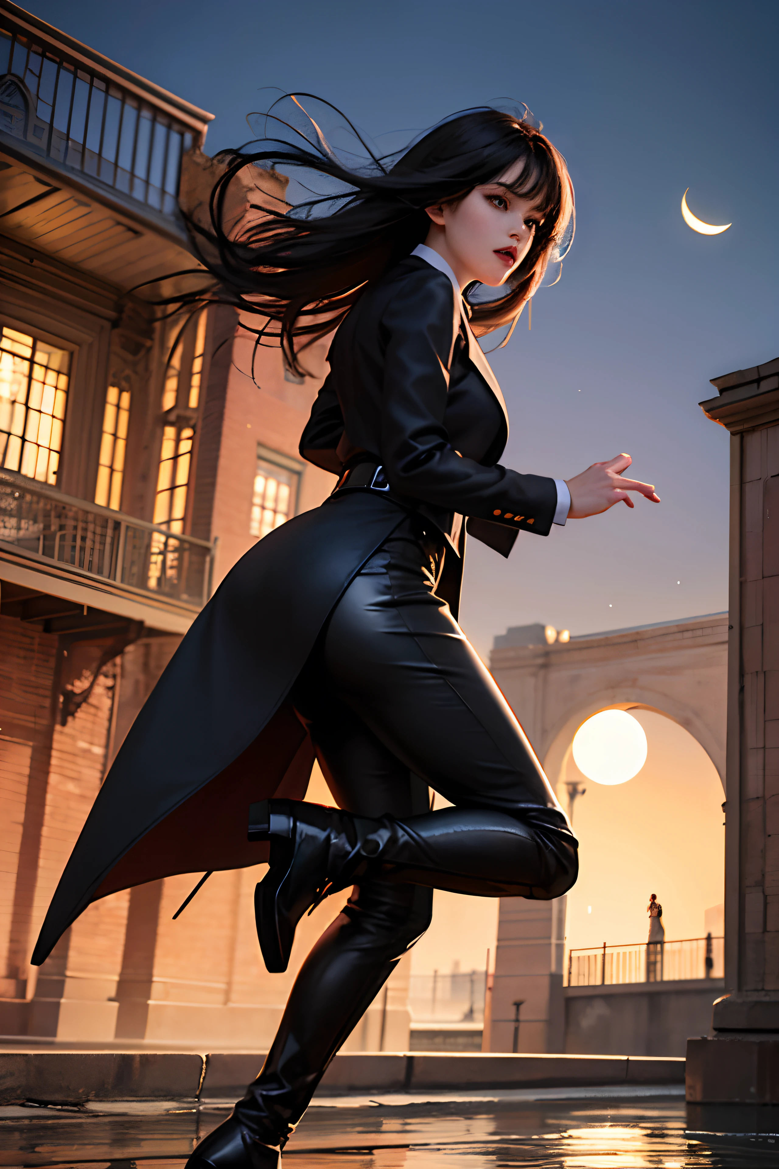 1girl, long curly black hair, brown eyes, wearing black long coat, black under shirt, black leather long pants, black boots, high res, ultrasharp, 8K, masterpiece, looking at viewer, full body photo, magnificent scene, epic scenes, college student, college campus, jumping action, running action, fighting action, motorcycle, water fountain, big moon, mysterious