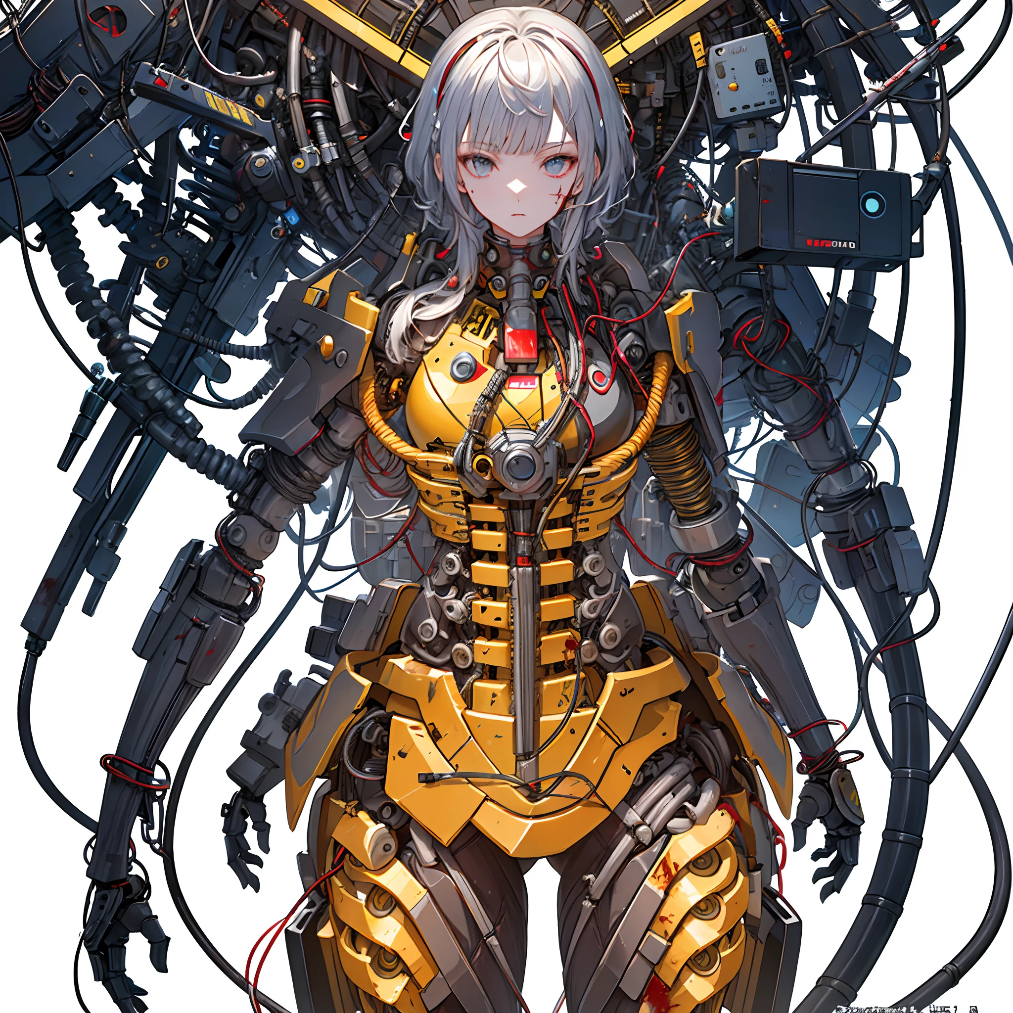 (((masterpiece))), (((best quality))), ((ultra-detailed)), (highly detailed CG illustration), ((an extremely delicate and beautiful)),cinematic light,((1mechanical girl)),solo,(cowboy shot:1.2),(machine made joints:1.2),((machanical limbs)),(blood vessels connected to tubes),(mechanical vertebra attaching to back),((mechanical cervial attaching to neck)),expressionless,(wires and cables attaching to neck:1.2),(wires and cables on head:1.2),(character focus),science fiction,extreme detailed,colorful,highest detailed, loongs,fengs,background,